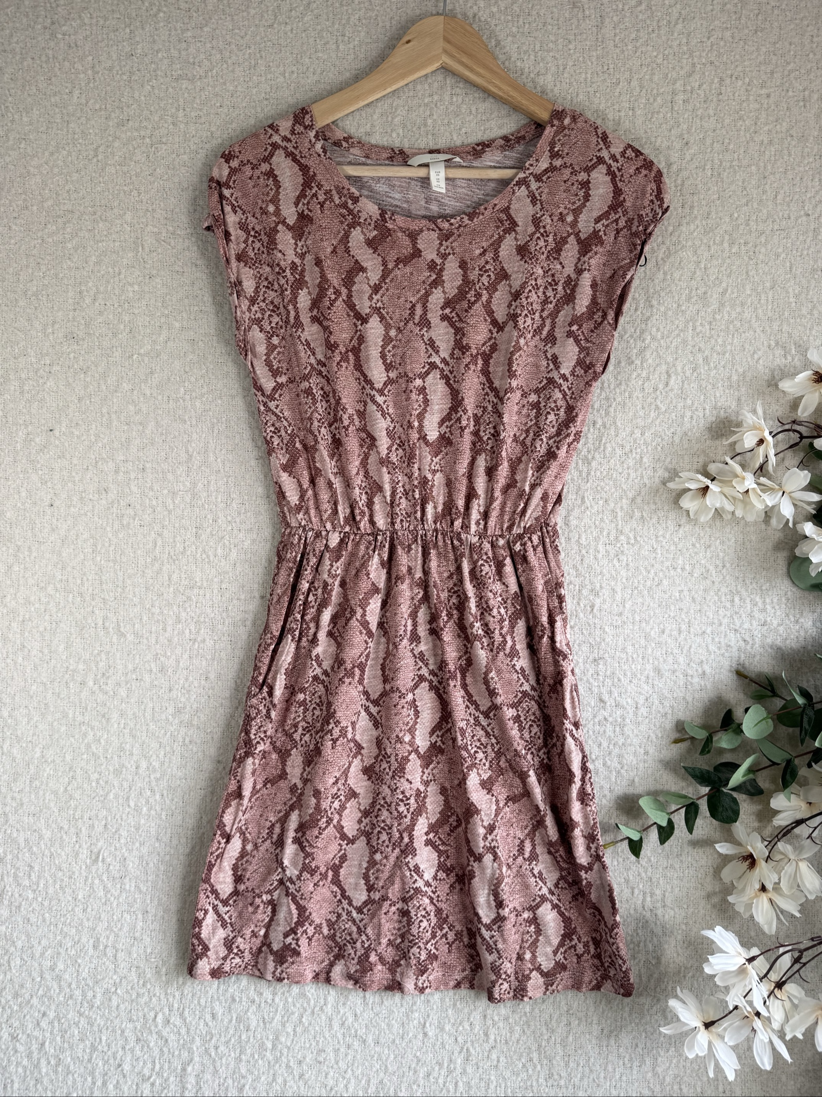 H&M Rose Brown Snakeskin Print Casual Dress UK XS Stylish Summer
