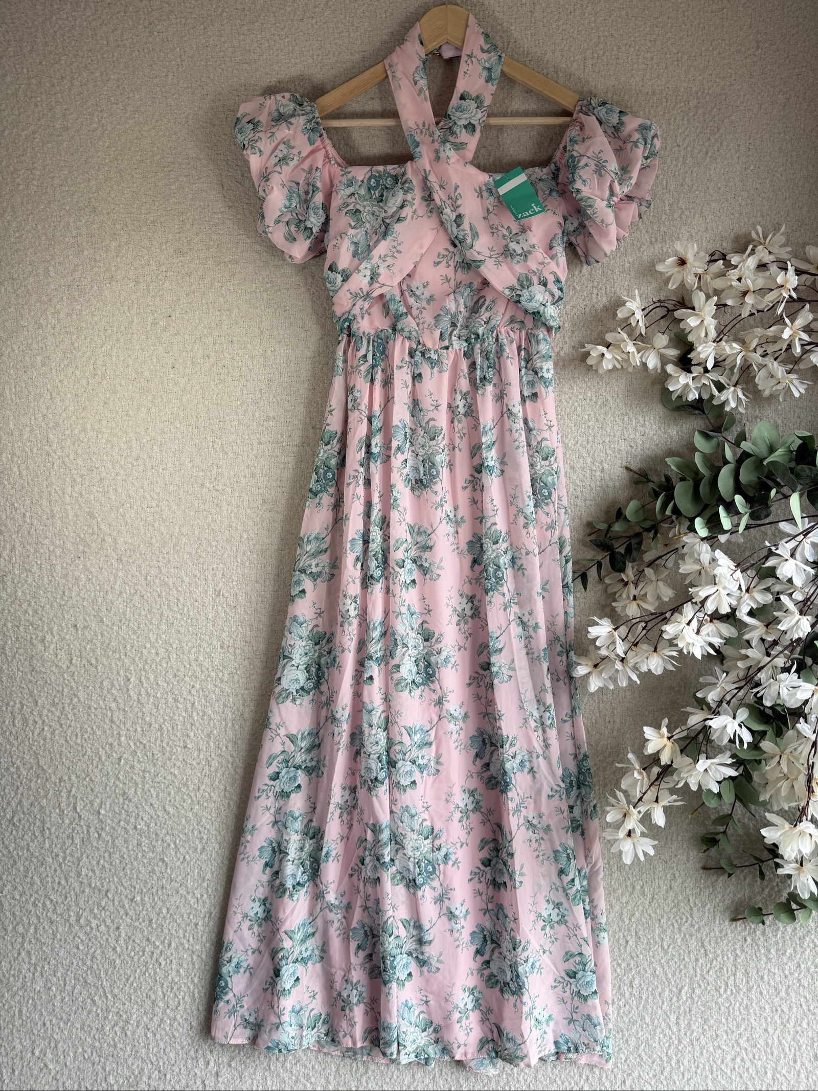 Zack Pink Floral Maxi Dress UK 10 Puff Sleeve Elegant Summer Occasion