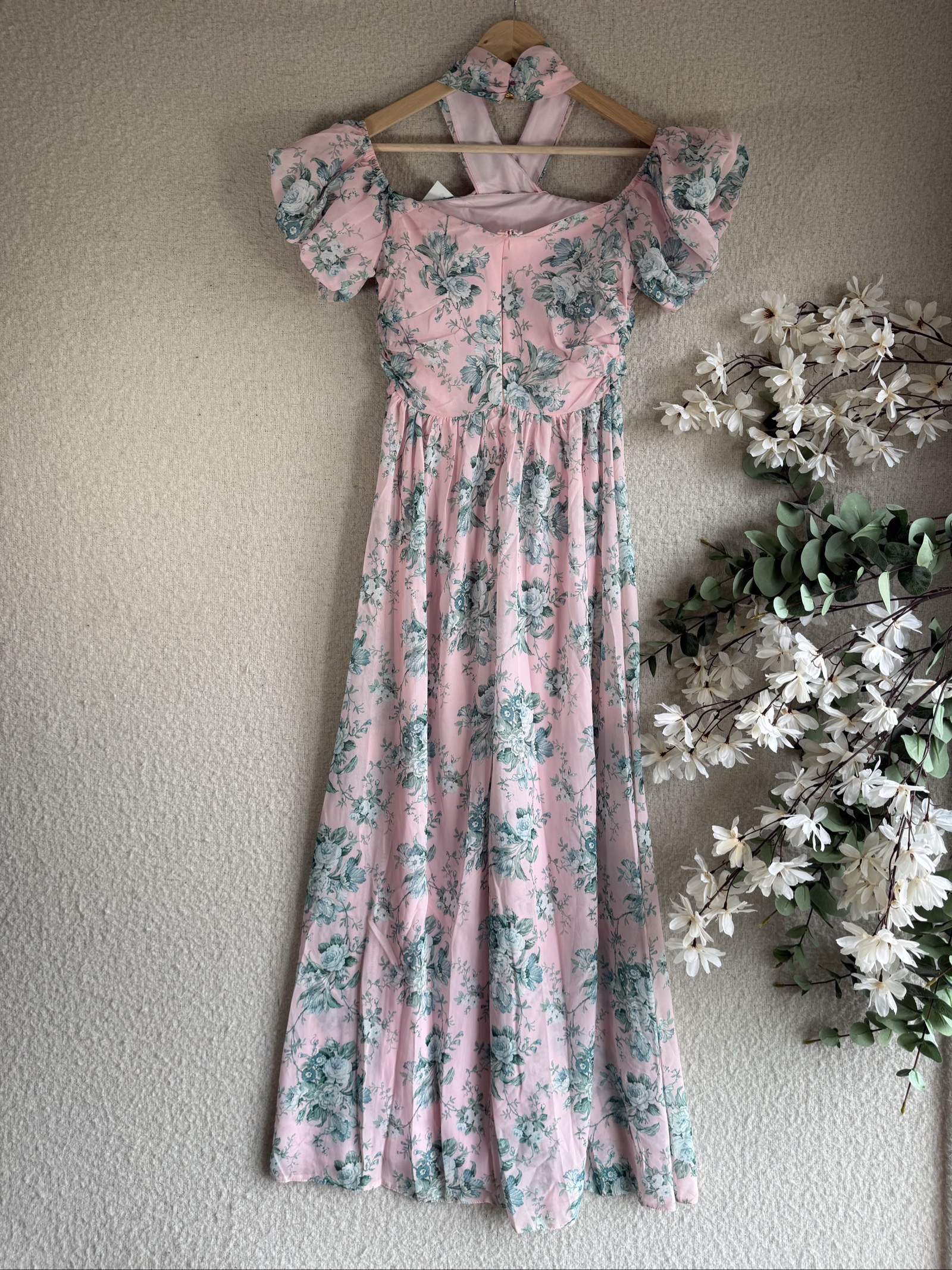 Zack Pink Floral Maxi Dress UK 10 Puff Sleeve Elegant Summer Occasion image 4