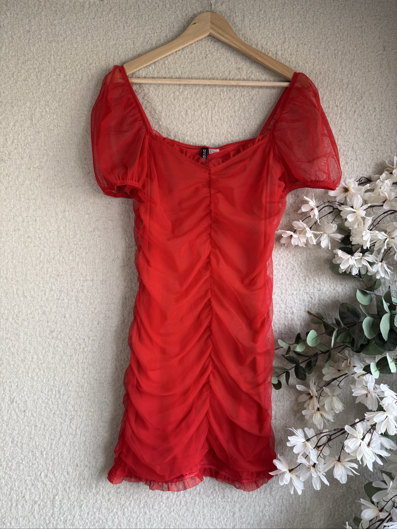 Divided Red Puff Sleeve Ruched Mesh Dress UK Large Chic Elegant Party