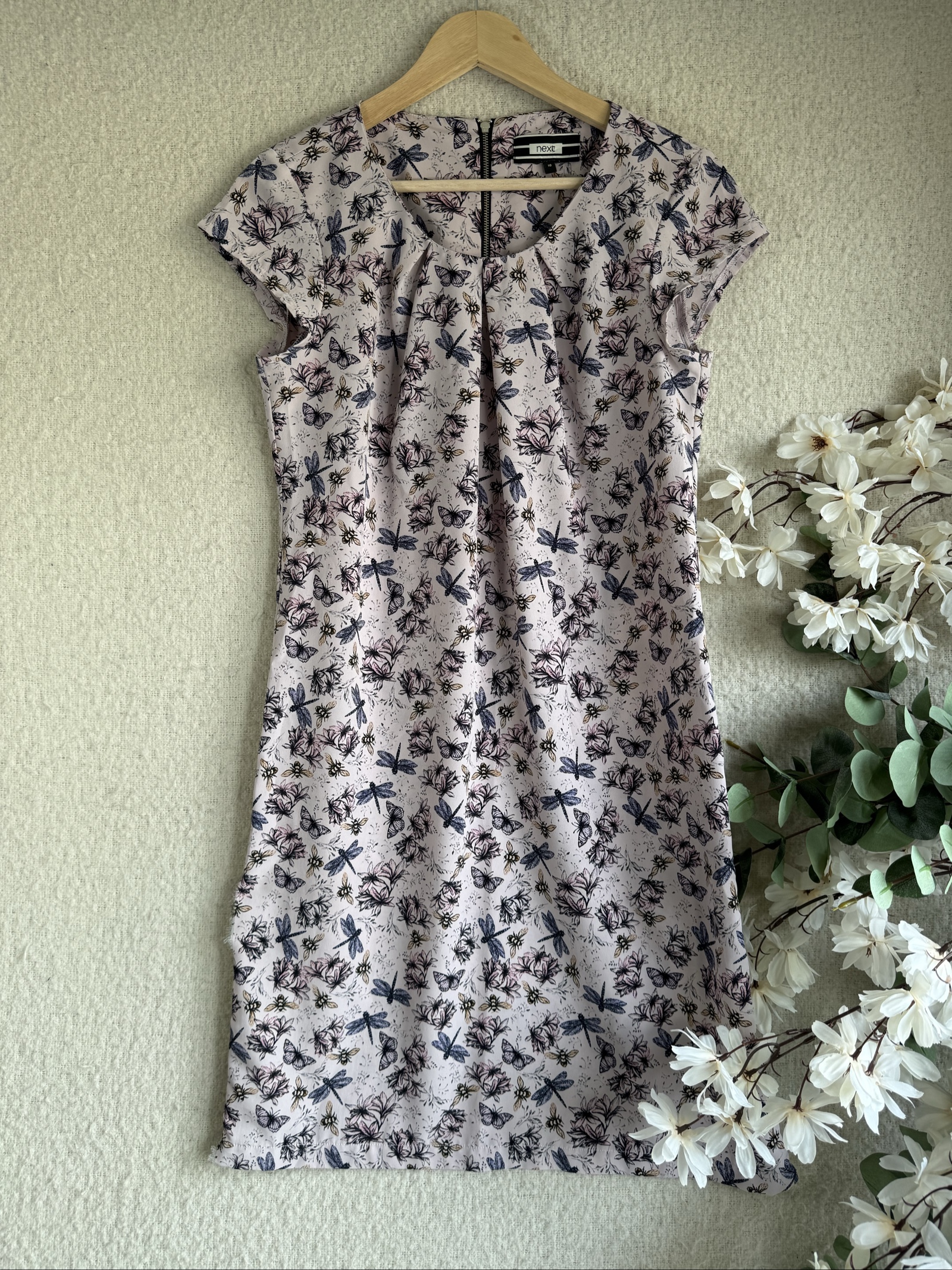 Next Pink Floral Dragonfly Pattern Shift Dress UK 10 Cap Sleeve Summer Style
