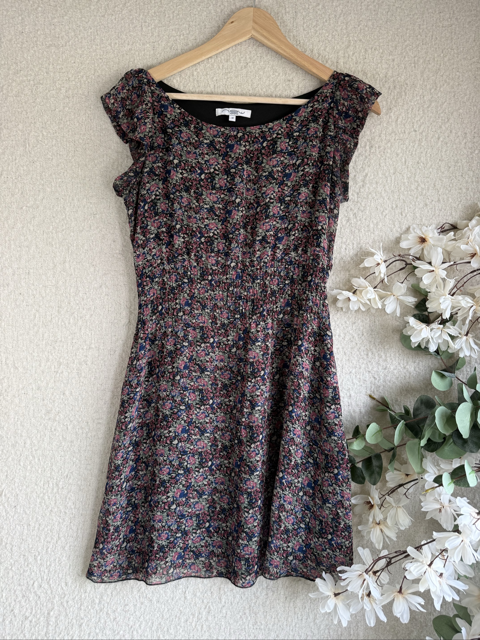 New Look Black Floral Print Dress UK 10 Elegant Summer Casual Fit