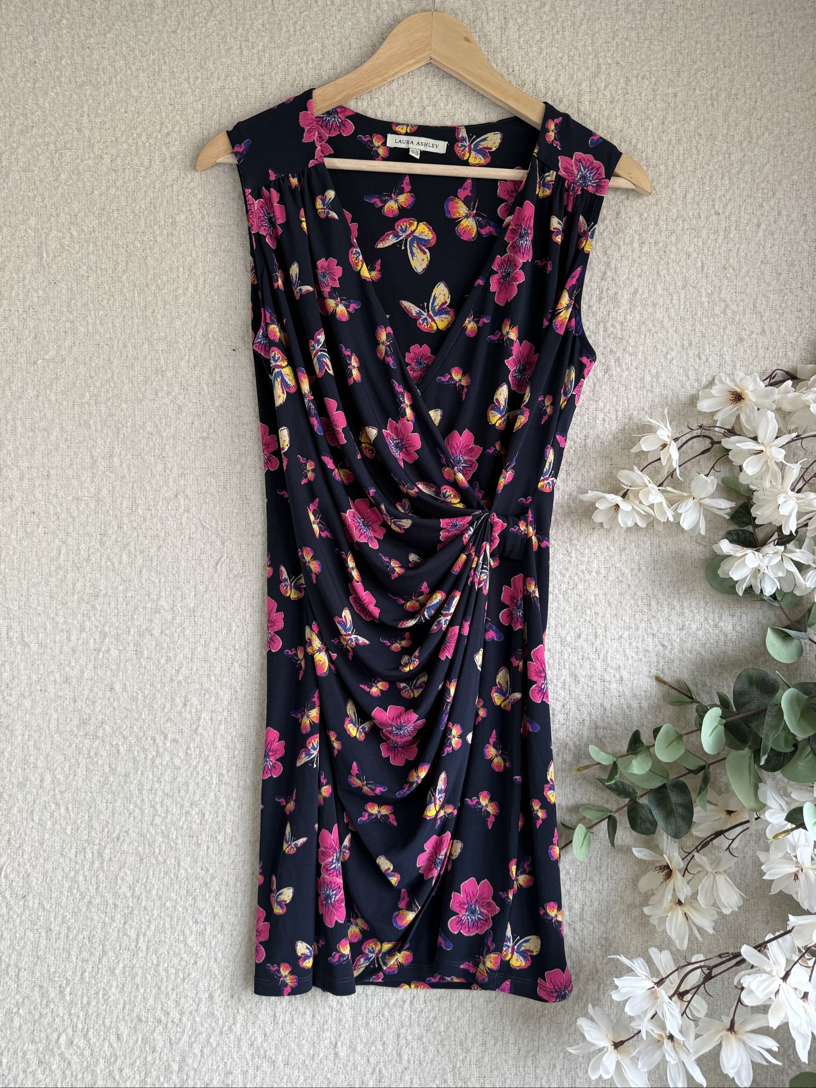 Laura Ashley Black Floral Butterfly Print Sleeveless Dress UK 12 Elegant