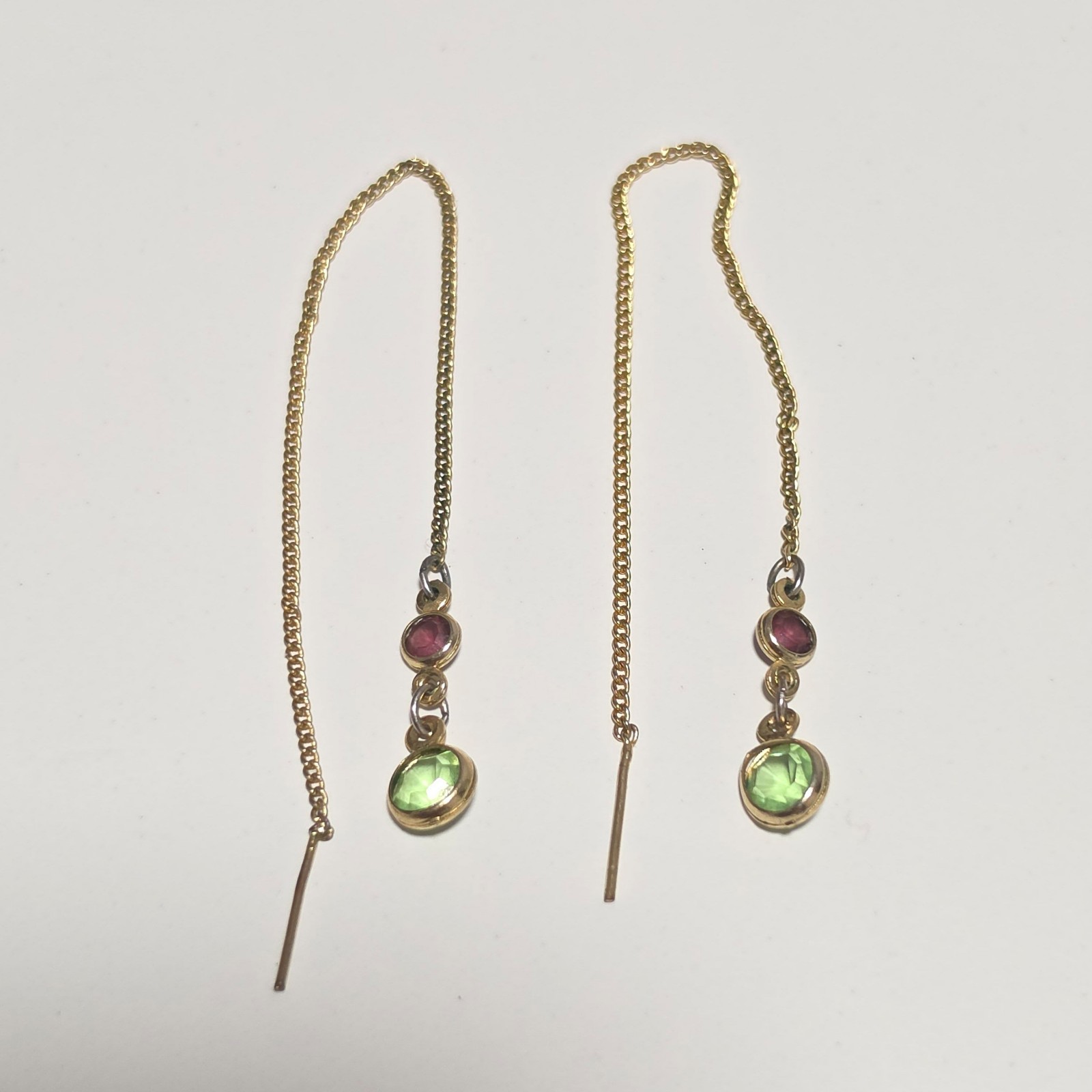Costume Gold Tone Chain Earrings with Green & Pink Stones