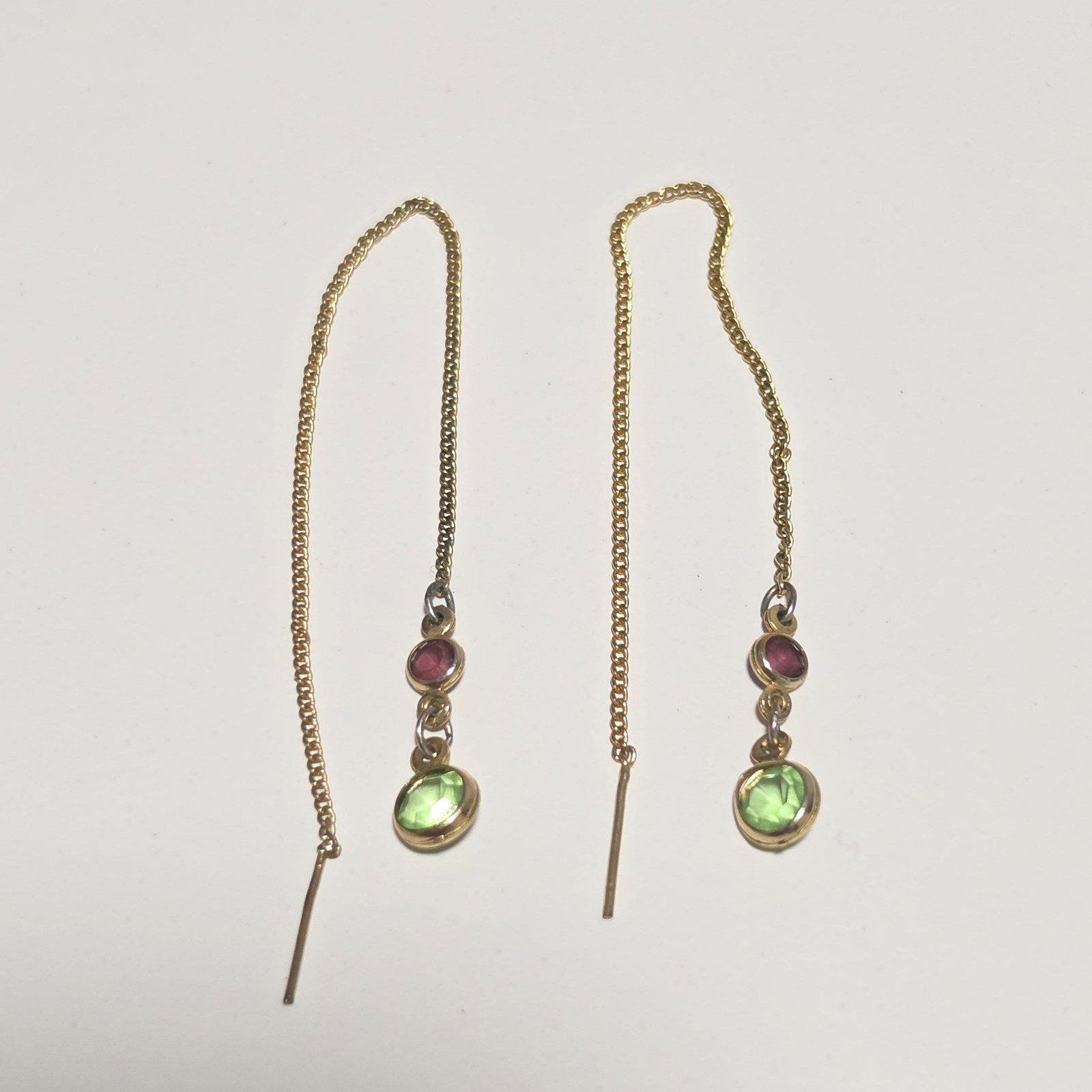 Costume Gold Tone Chain Earrings with Green & Pink Stones image 2