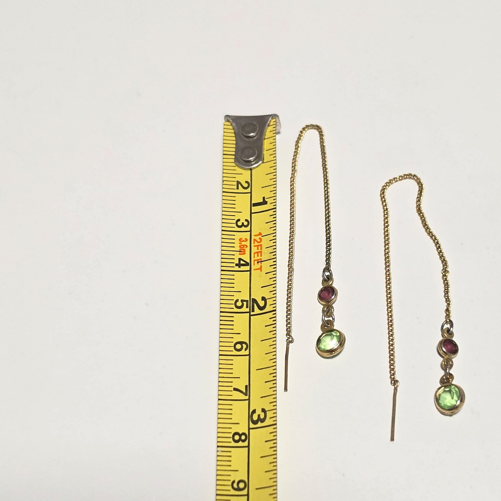 Costume Gold Tone Chain Earrings with Green & Pink Stones image 3