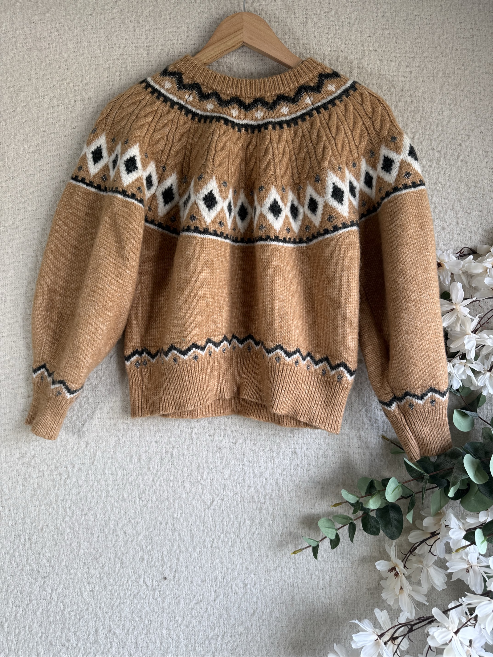 F&F Camel & White Fair Isle Knit Jumper UK Large Stylish Winter Sweater