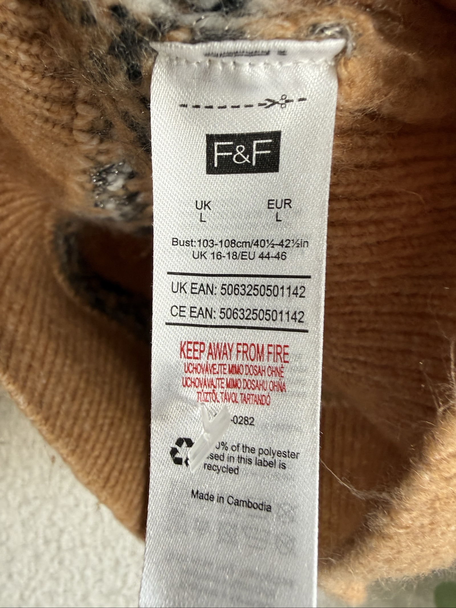 F&F Camel & White Fair Isle Knit Jumper UK Large Stylish Winter Sweater image 5