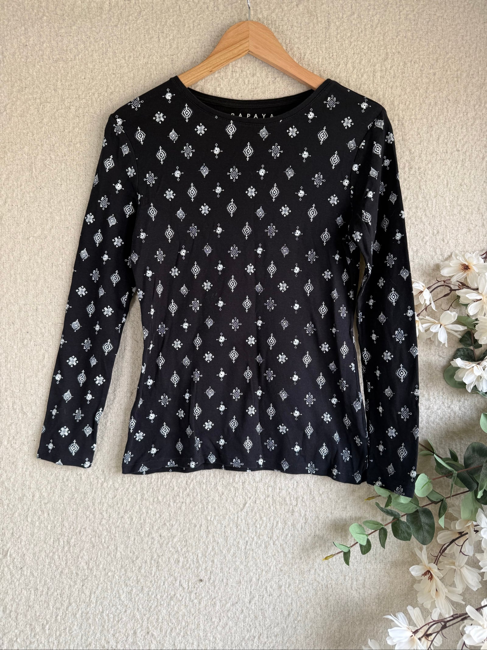 Papaya Black & White Patterned Long Sleeve Cotton Top UK 12 Casual Stylish