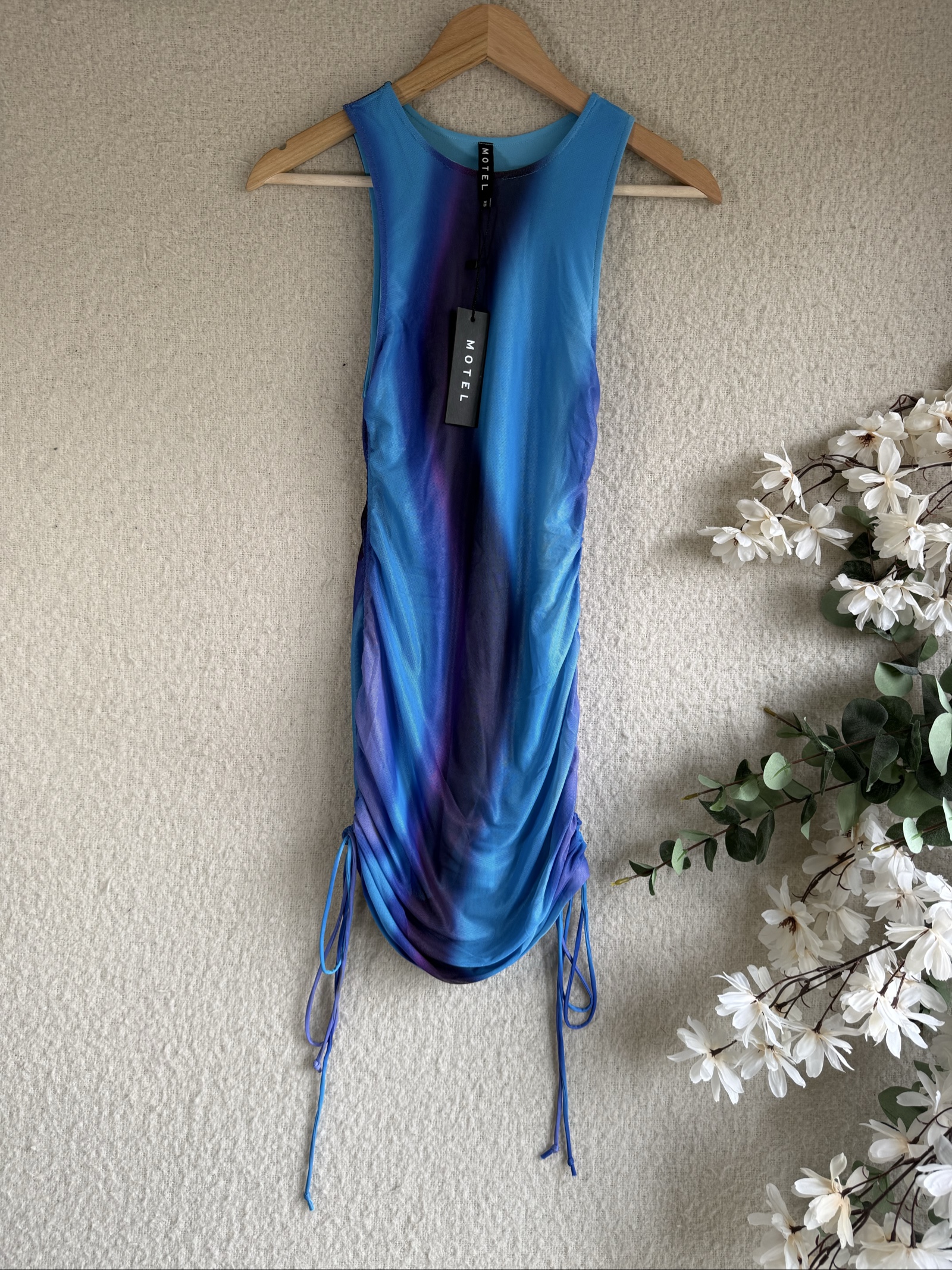 Motel Blue & Purple Tie-Dye Ruched Midi Dress XS Stylish Summer Occasion