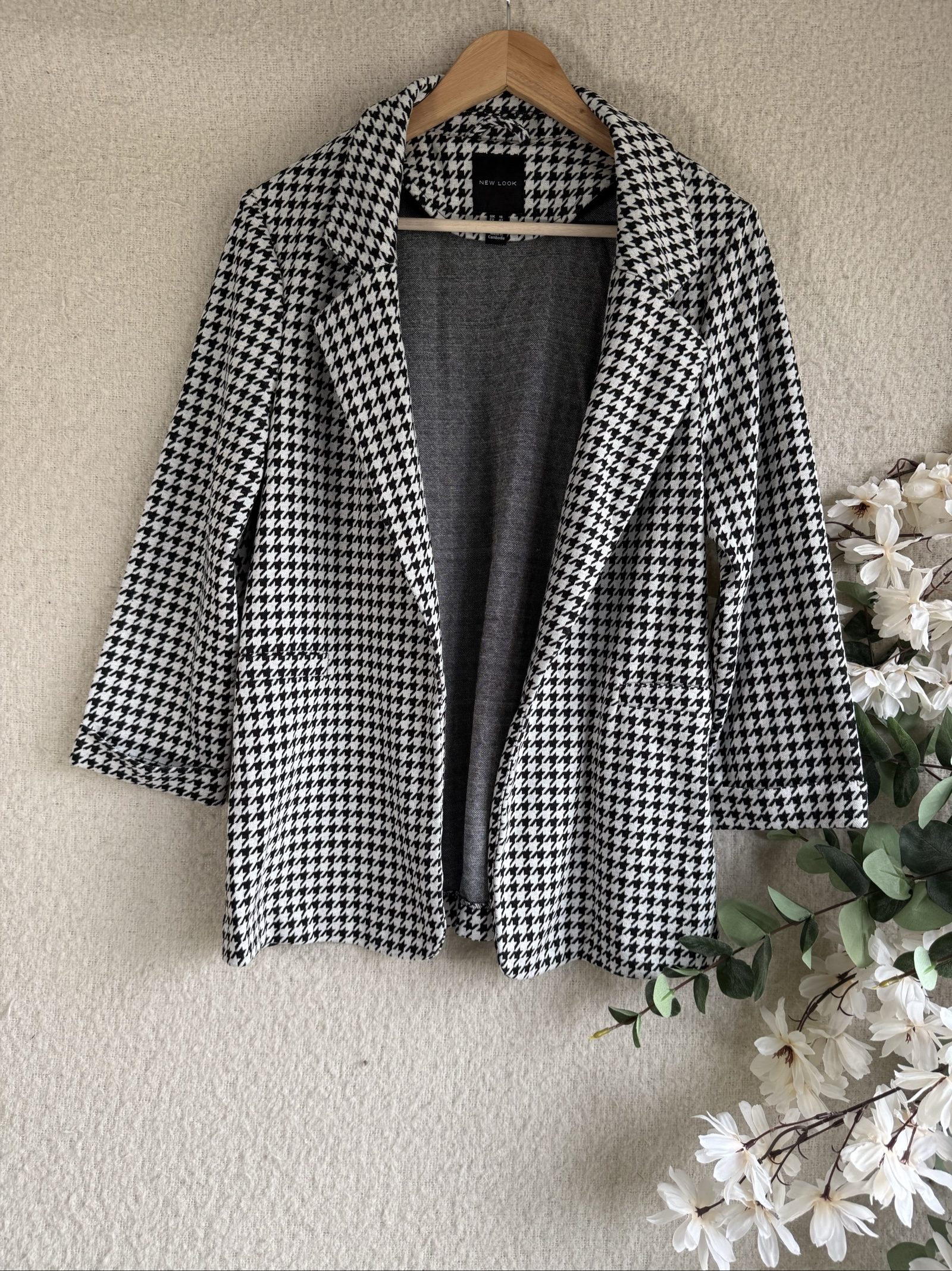 New Look Black & White Houndstooth Blazer Jacket UK 14 Stylish Chic Outerwear