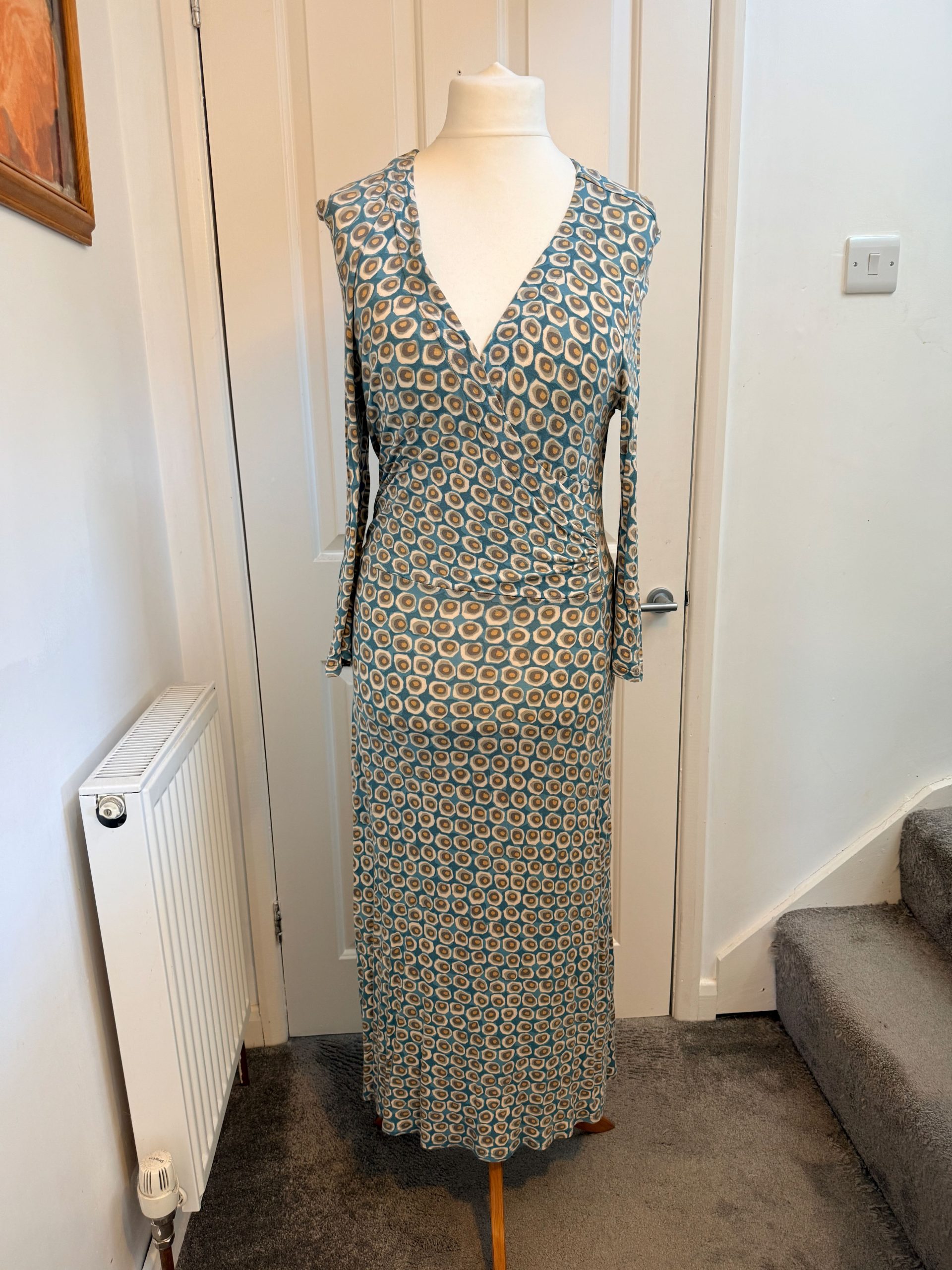 Boden Blue Beige Geometric Print Long Sleeve Maxi Dress UK 12 Long