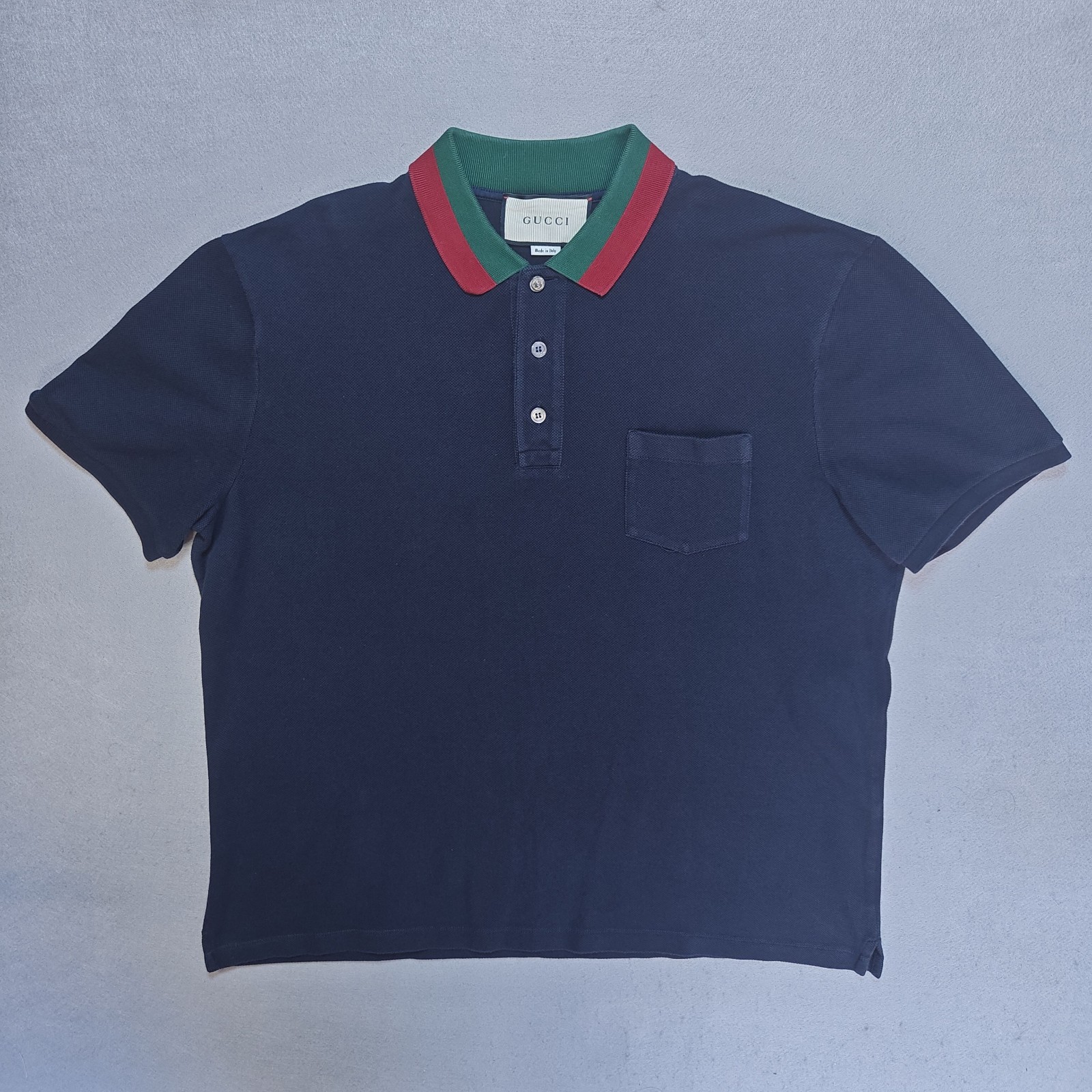 Gucci Cotton Piquet Polo Shirt Web Stripe Collar Mens 3XL Navy (Fits Like XL)