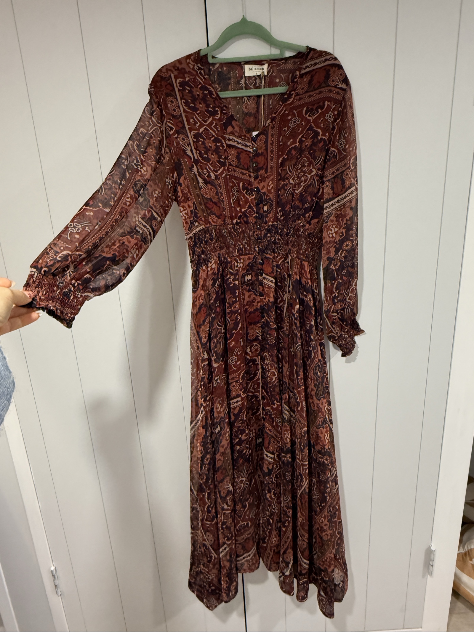 Talisman burgundy Floral boho Maxi Dress Small Sheer Long Sleeve image 2