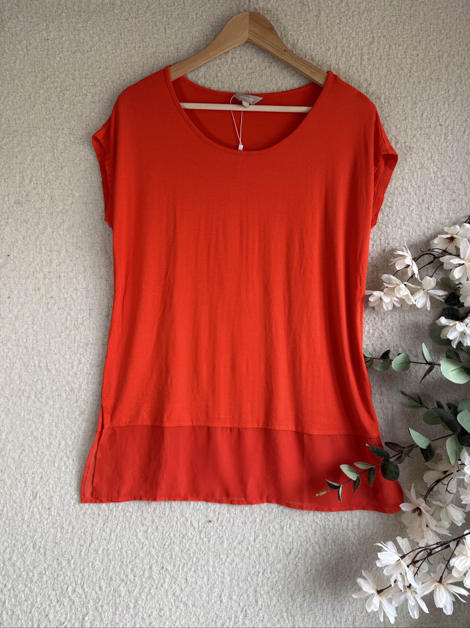 Anthology Orange Lightweight Chiffon Trim Top UK 12 Soft Summer Layered