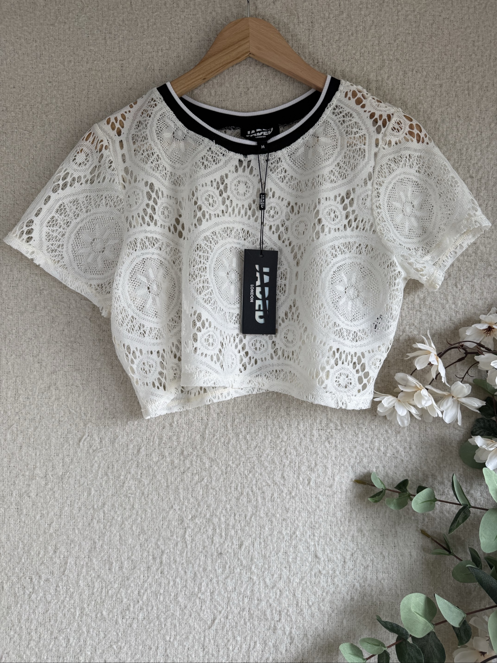 Jaded London White Lace Crop Top Size Medium Black Trim Stylish Summer