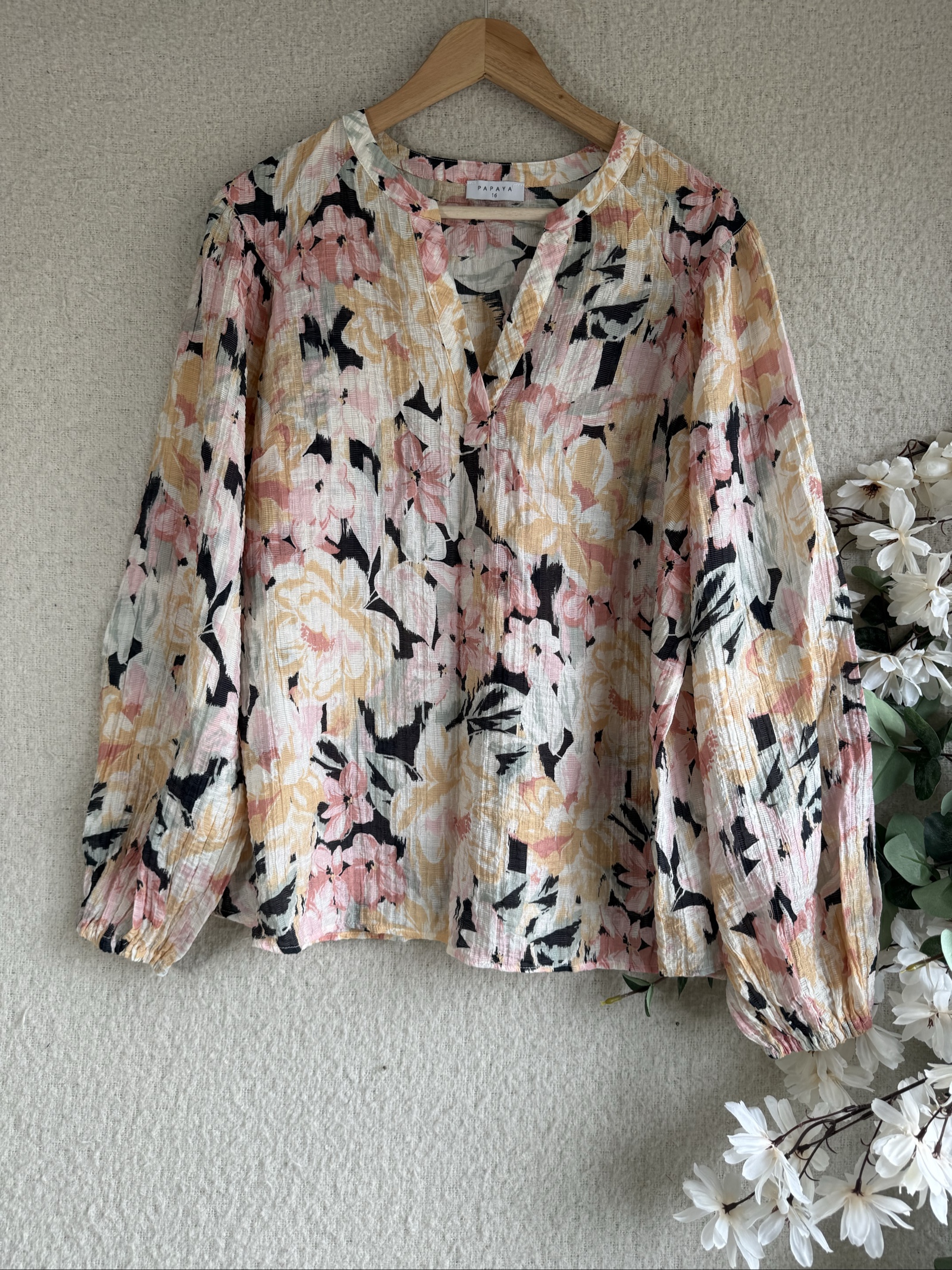 Papaya Floral Textured Blouse Pink Yellow Black UK 16 Lightweight Top