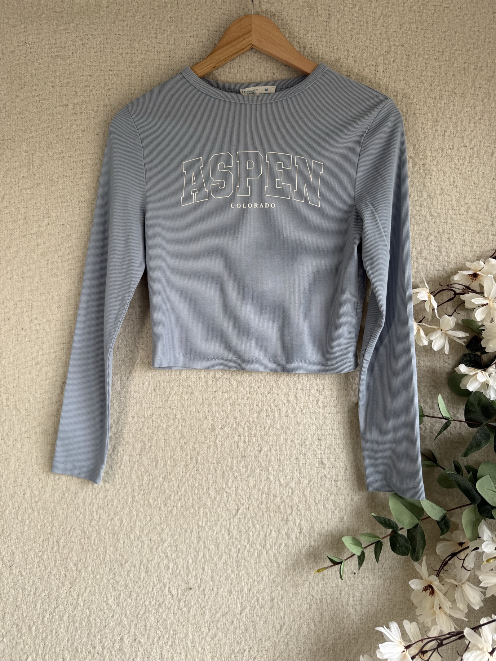 Primark Blue Ribbed Aspen Colorado Crop Top Medium Long Sleeve Casual