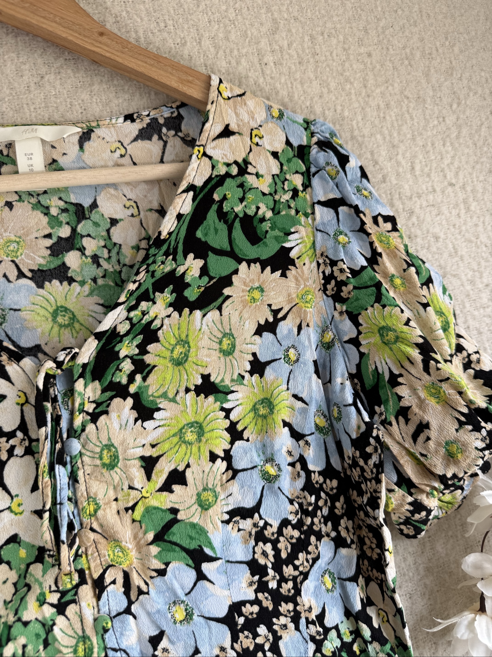 H&M Black Green Blue Floral Puff Sleeve Wrap Top UK 10 Summer Casual Chic image 2