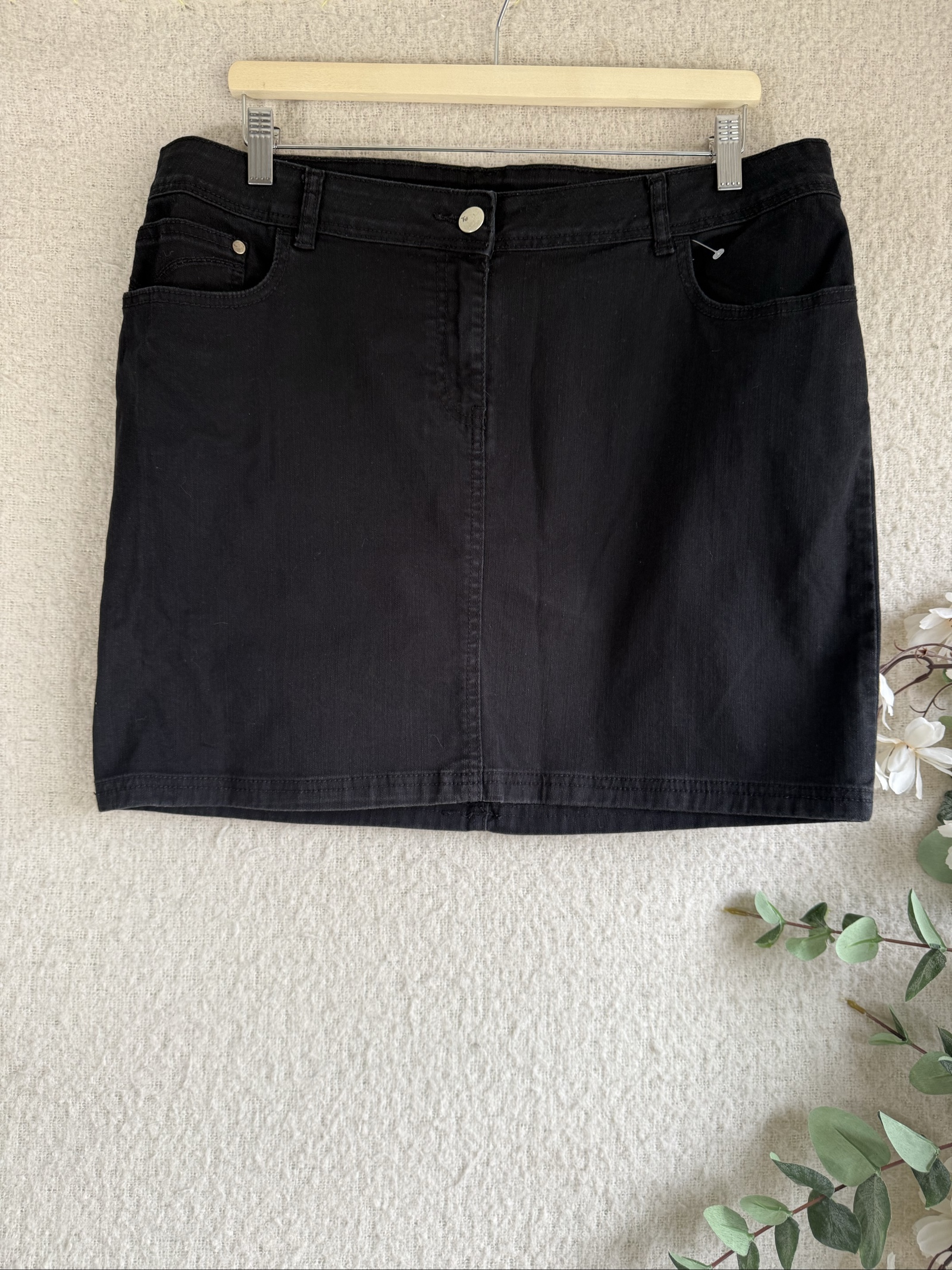 Tu Black Denim Mini Skirt UK 16 Classic Five-Pocket Casual Summer Style