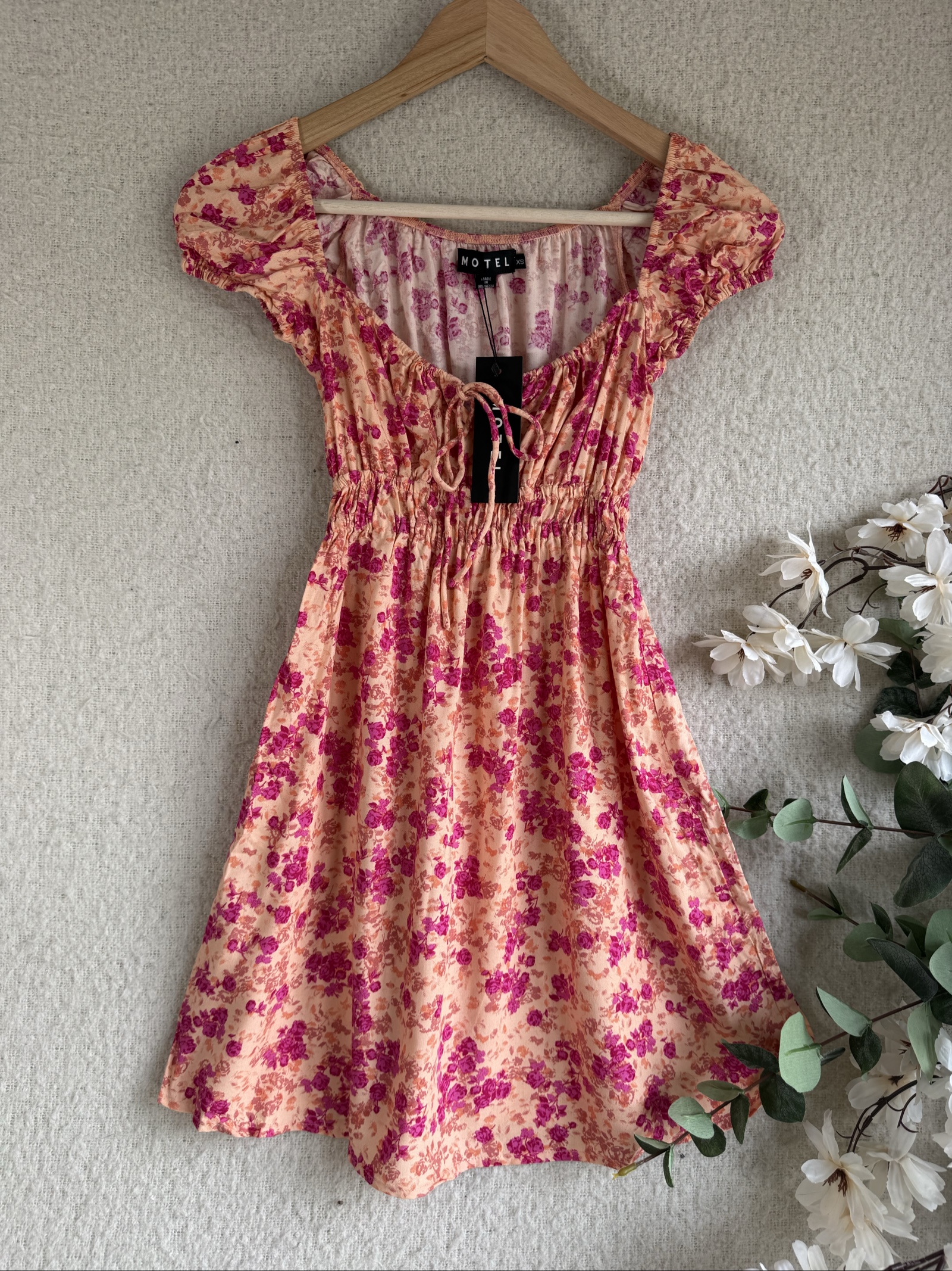 Motel Pink & Peach Floral Viscose Smocked Waist Dress XS UK 8 Summer Boho