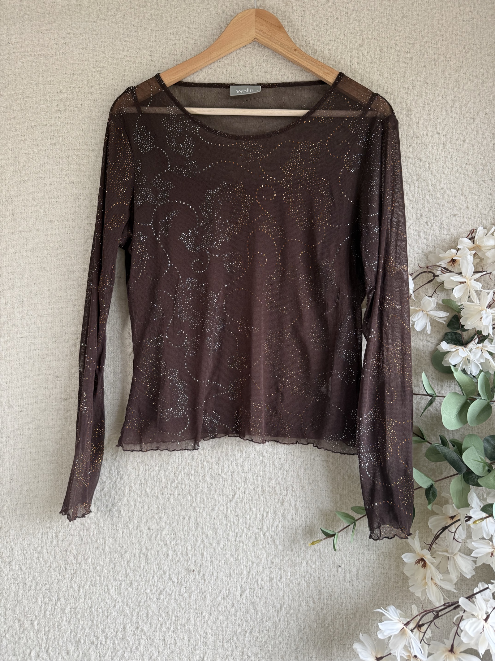 Wallis Brown Sheer Mesh Long Sleeve Top UK 18 Glitter Detail Layered Look