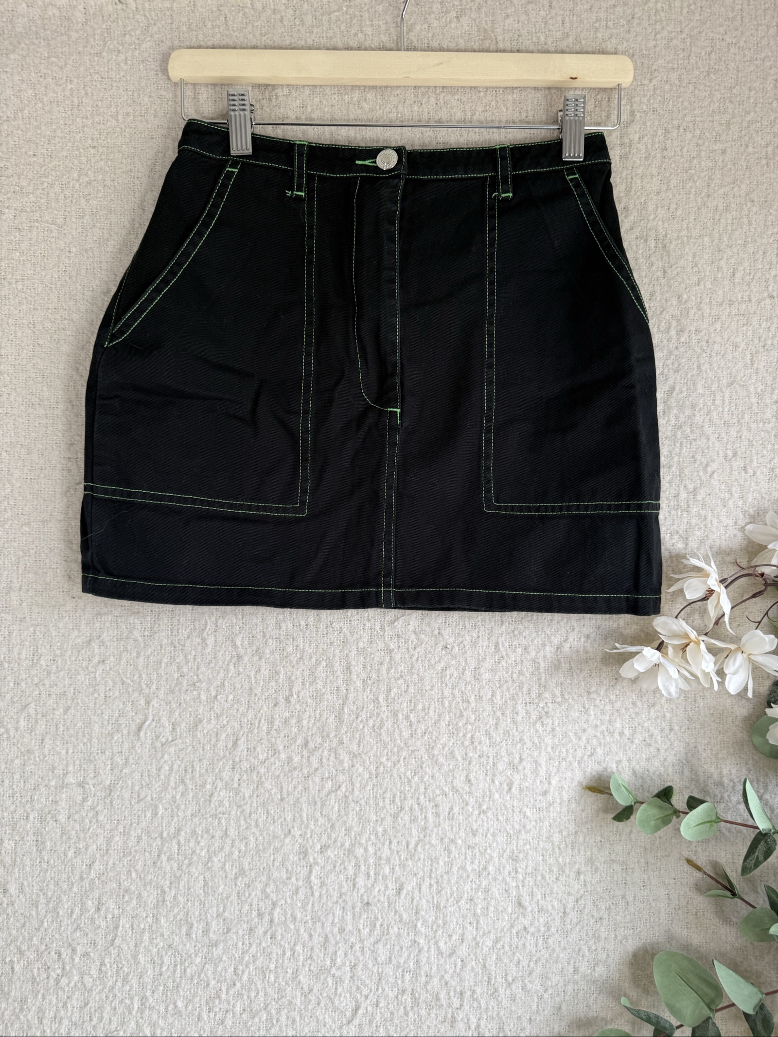 Mistress Rocks Black Denim Mini Skirt UK Small Green Stitching Casual Chic