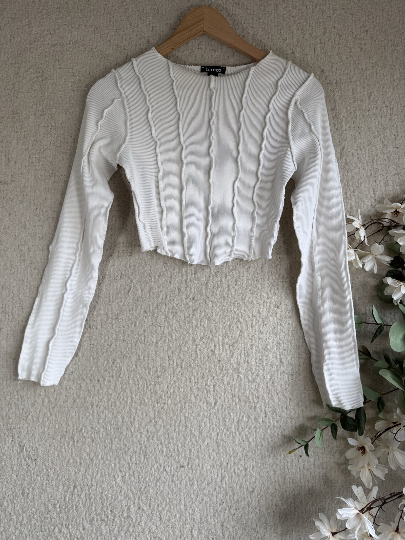 Boohoo White Ribbed Long Sleeve Crop Top UK 12 Cotton Elastane Casual Chic