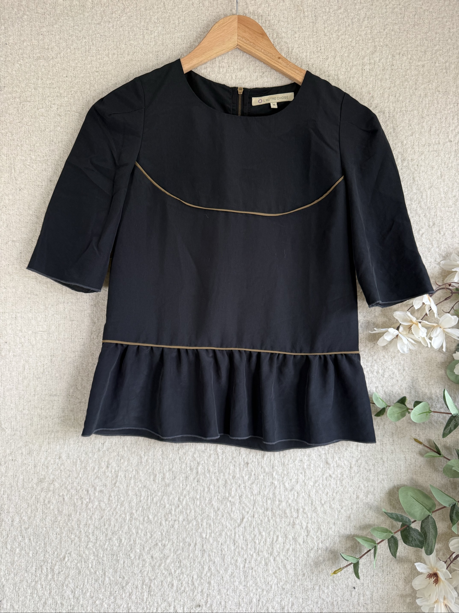 L'Autre Chose Black Peplum Blouse UK 10 with Gold Piping Detail Elegant