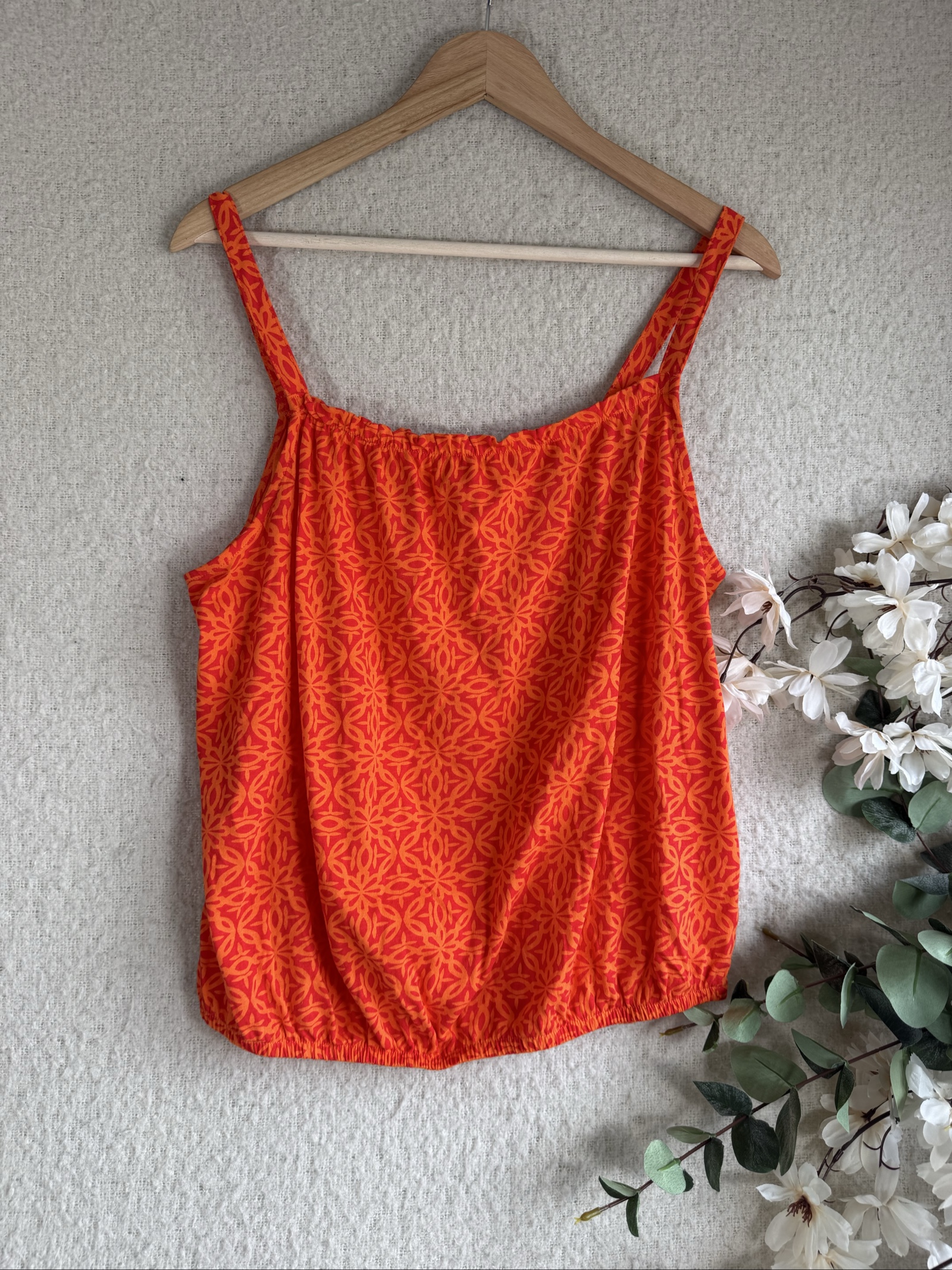 Papaya Orange & Red Printed Spaghetti Strap Top UK 14 Casual Summer Style