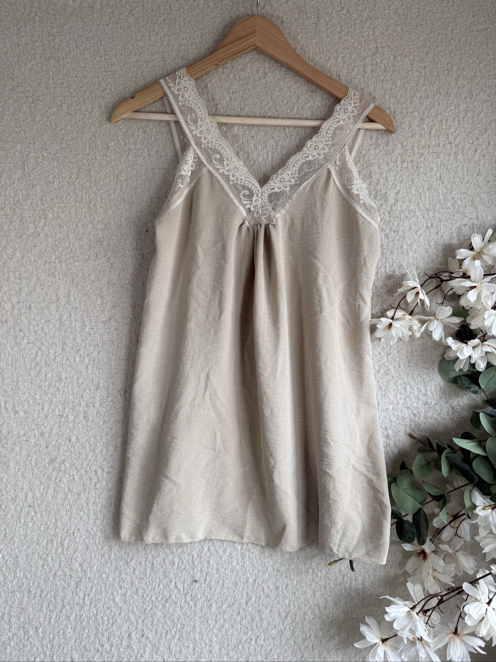 Beige Lace Trim Slip Dress UK Medium Made in Italy Summer Casual Chic