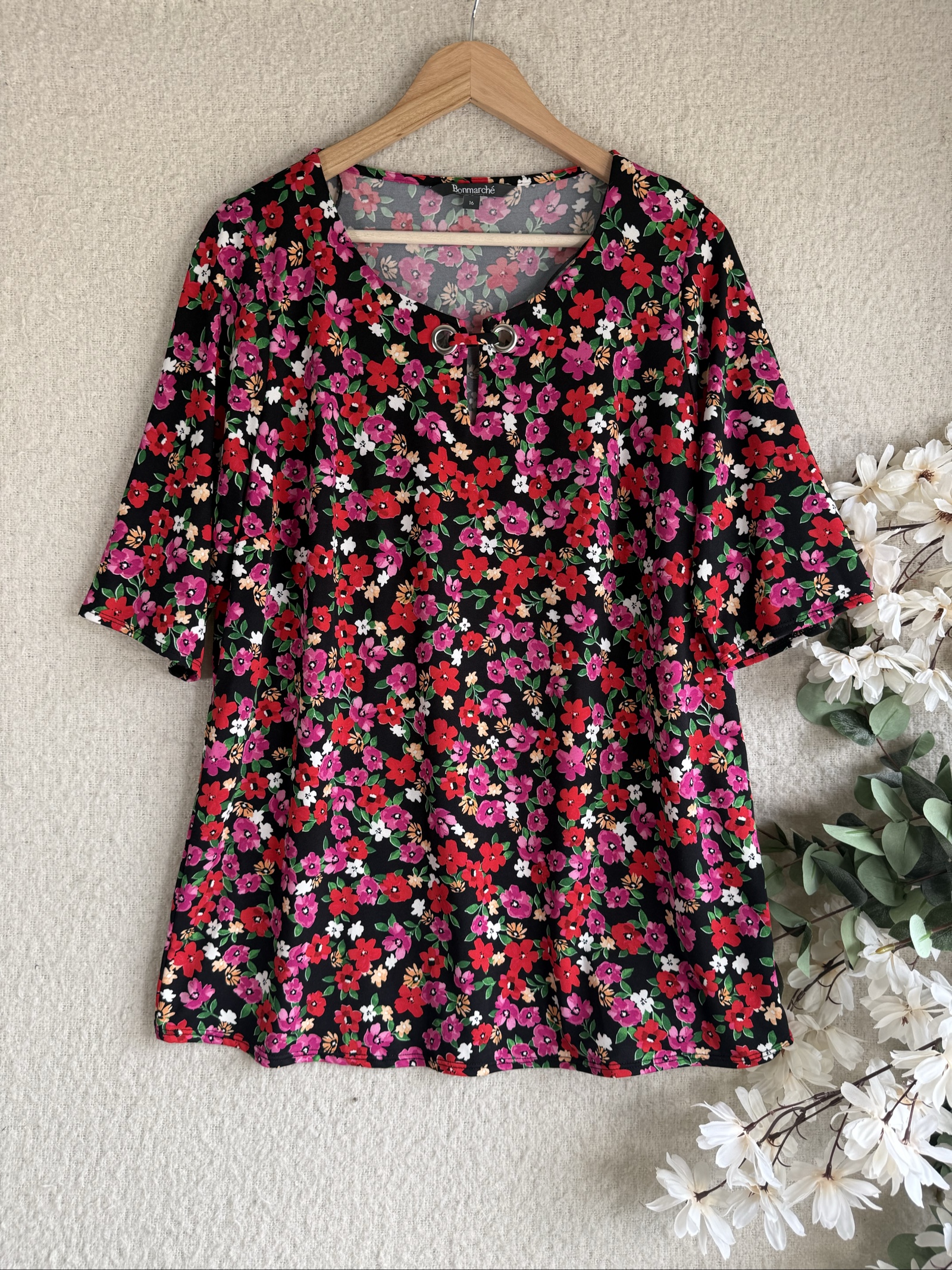 Bonmarché Black Floral Print Top UK 16 Cute Summer Casual Style