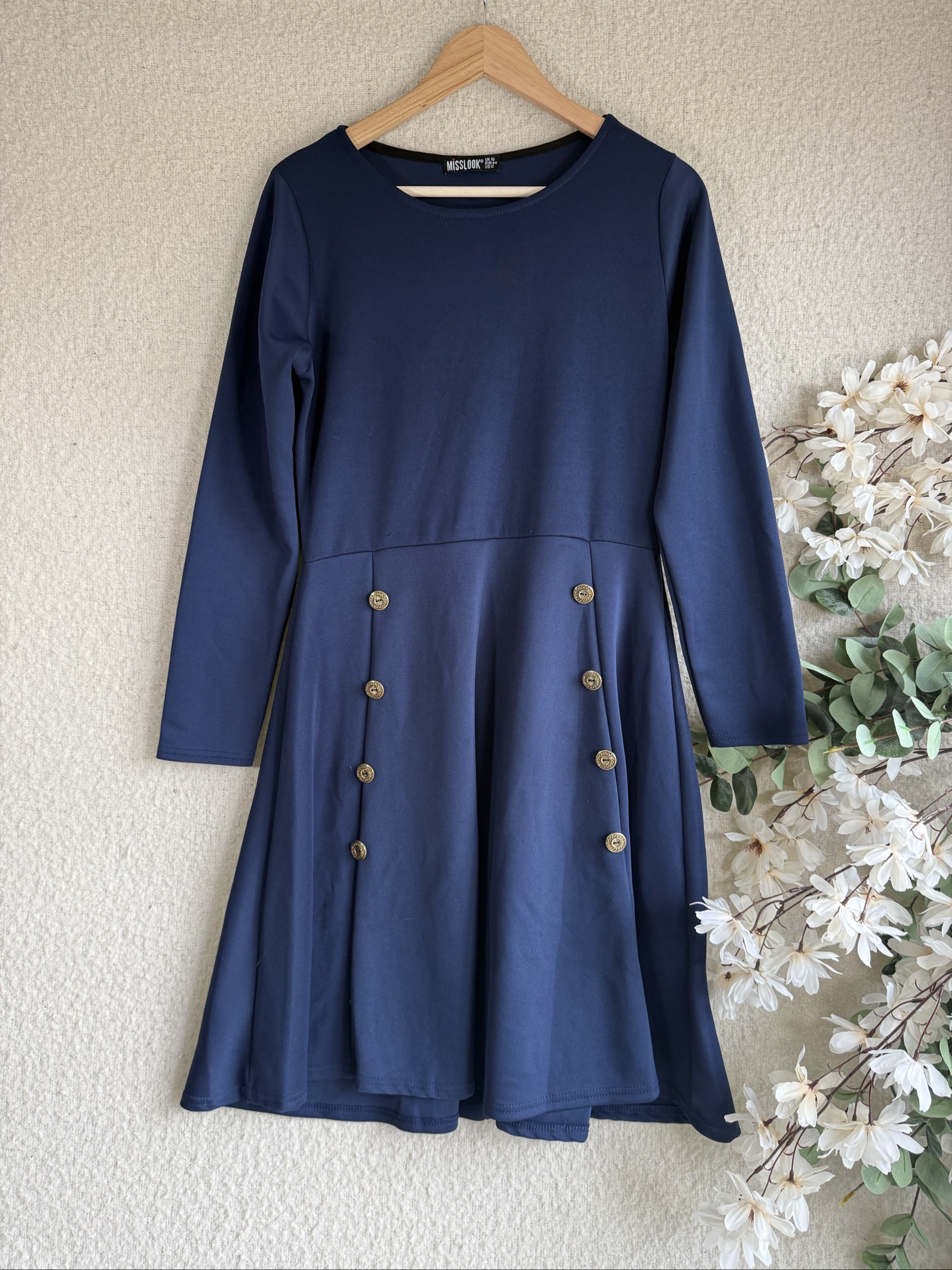 Misslook Navy Blue Long Sleeve Dress UK 16 Button Detail Casual Elegant