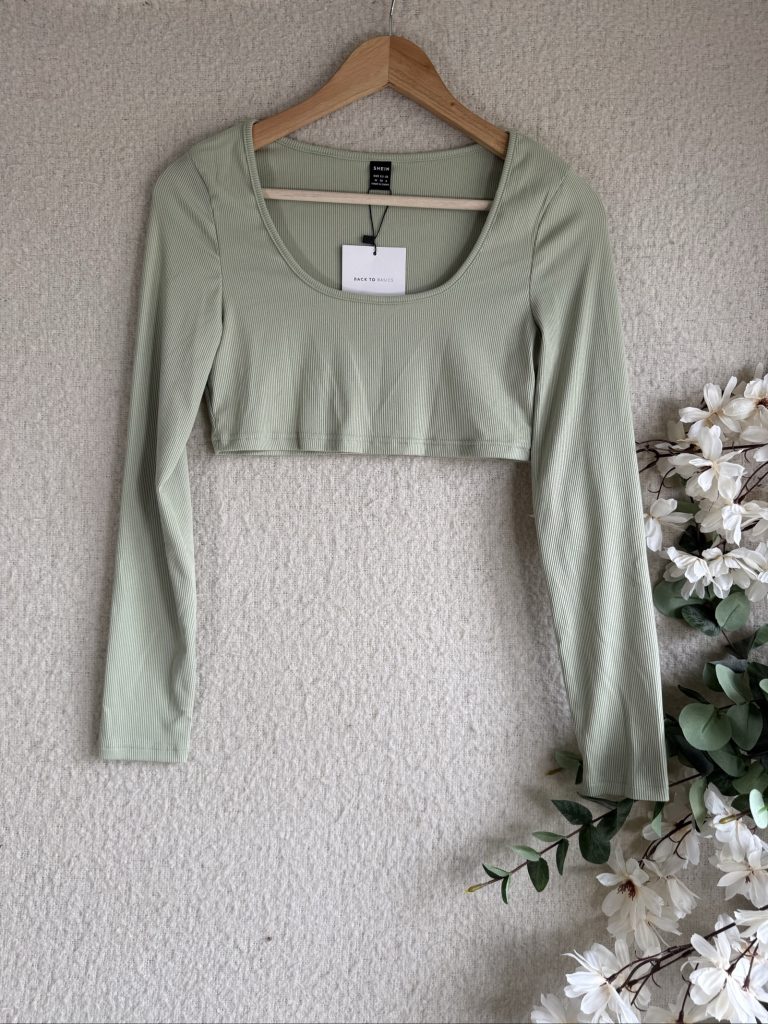 Shein Sage Green Ribbed Crop Top Long Sleeve Medium UK 10 Basic Style