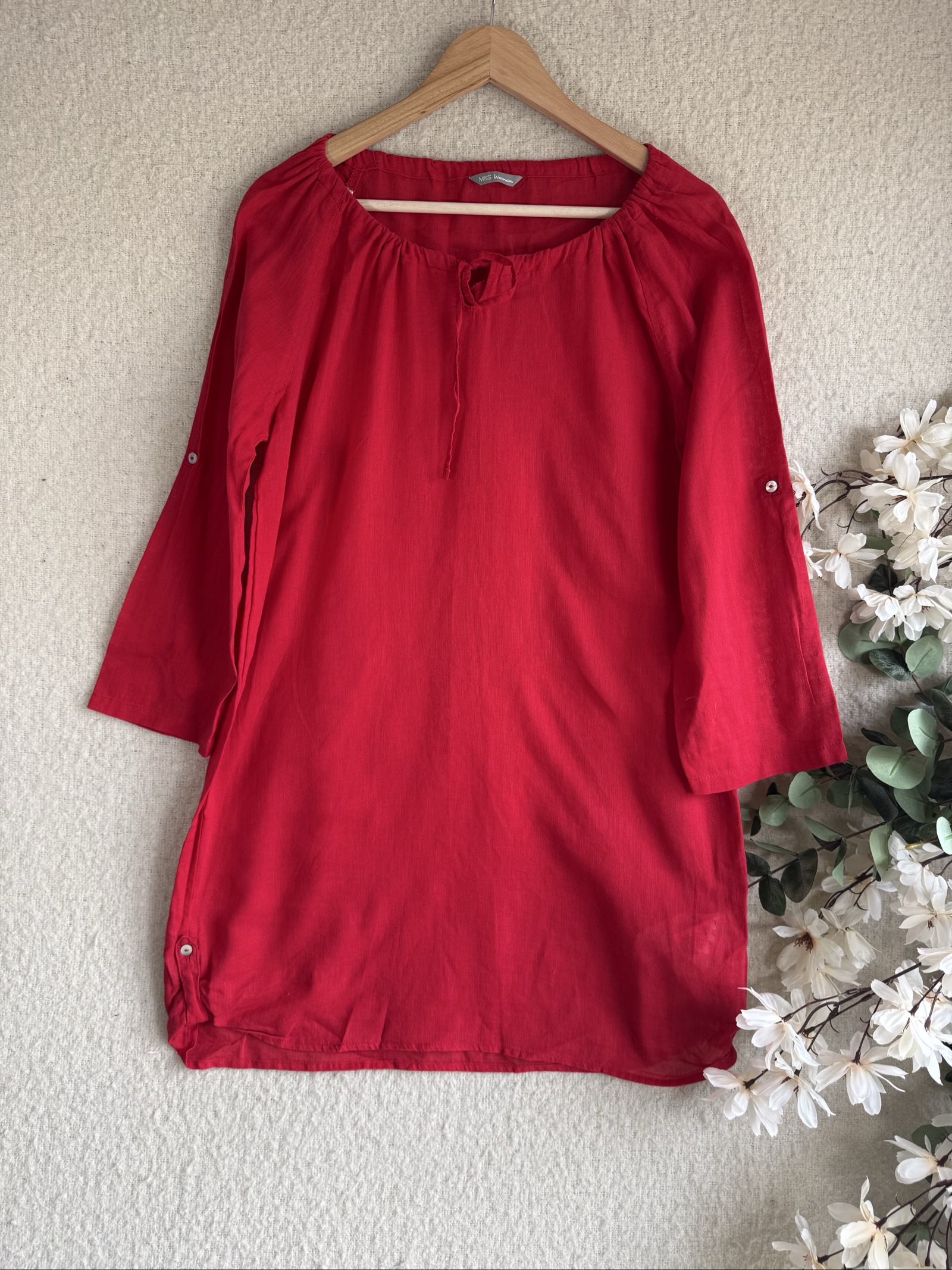 M&S Woman Red Linen Tunic Top UK 16 Relaxed Fit Boho Style