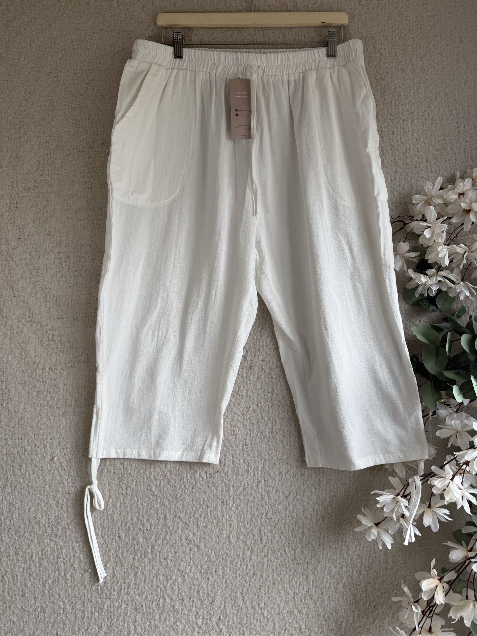 Shein Curve White Summer Linen Blend Cropped Trousers 2XL UK 20 Plus Size