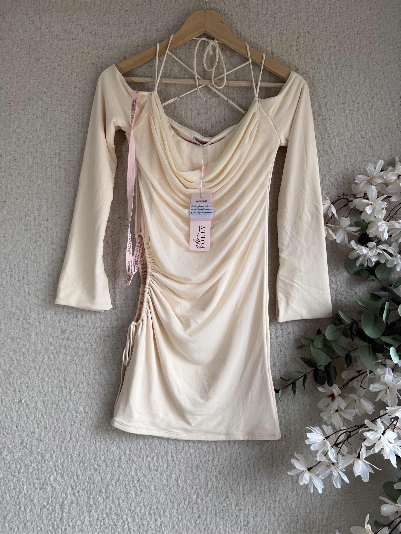 Oh Polly Ivory Ruched Bodycon Dress UK 14 Long Sleeve Draped Neckline