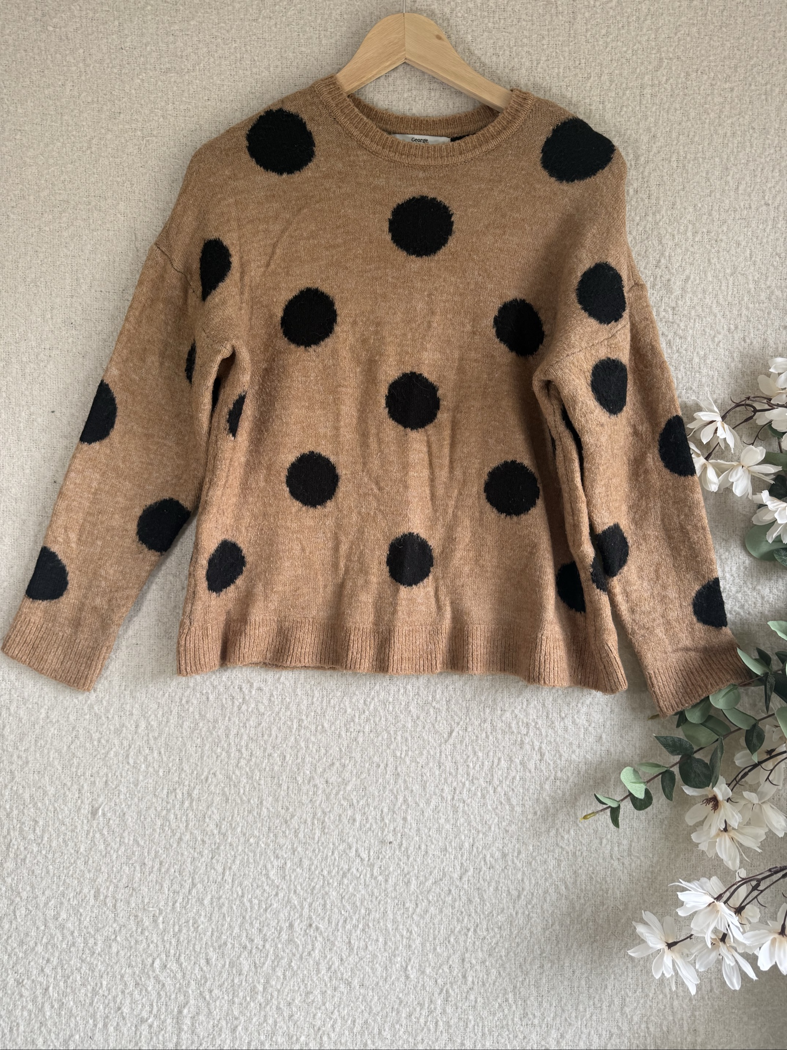 George Tan & Black Polka Dot Knit Sweater M Stylish Casual Brown Jumper