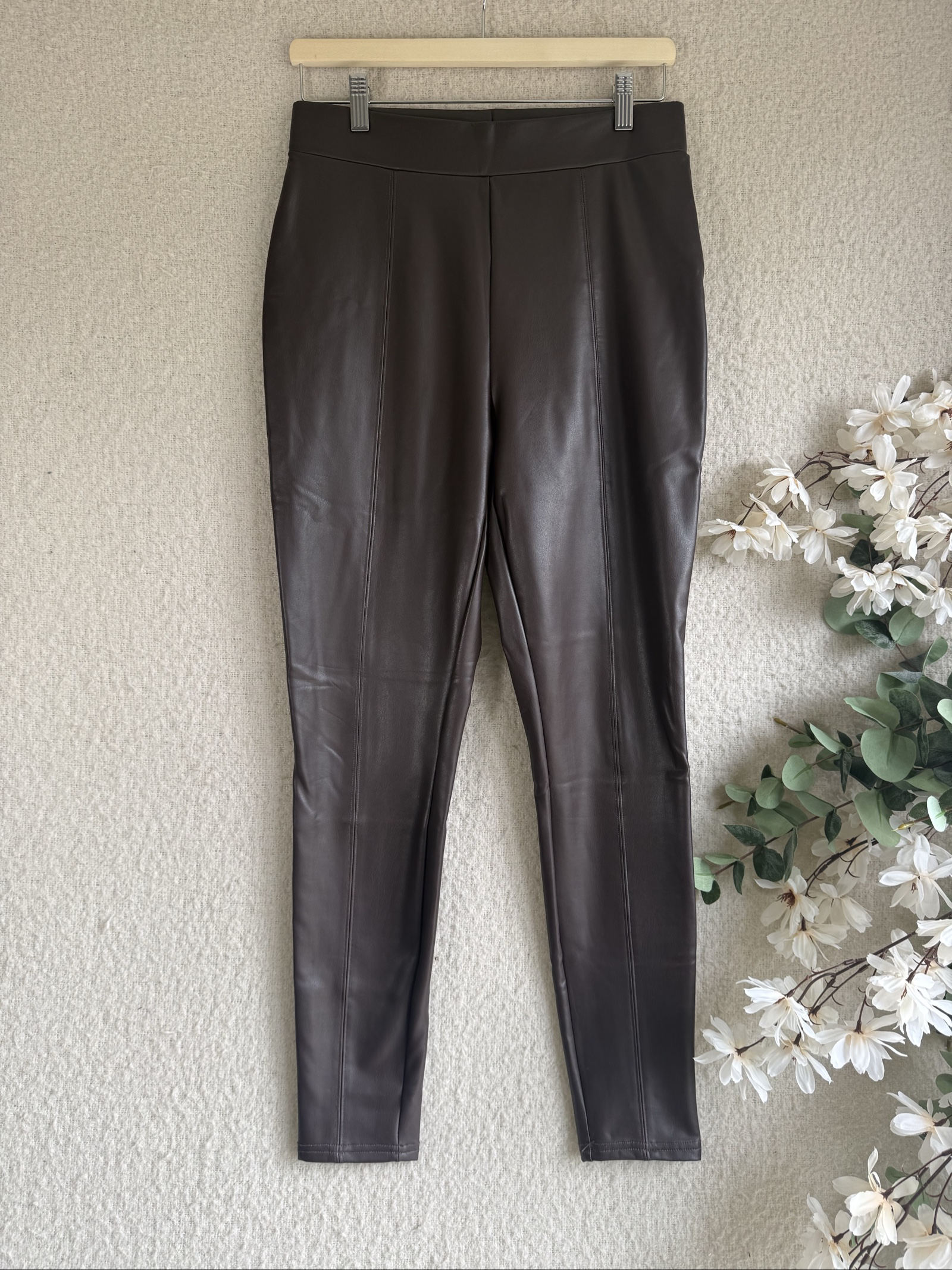 Papaya Dark Brown Faux Leather Leggings UK 12 Stretch High Waist