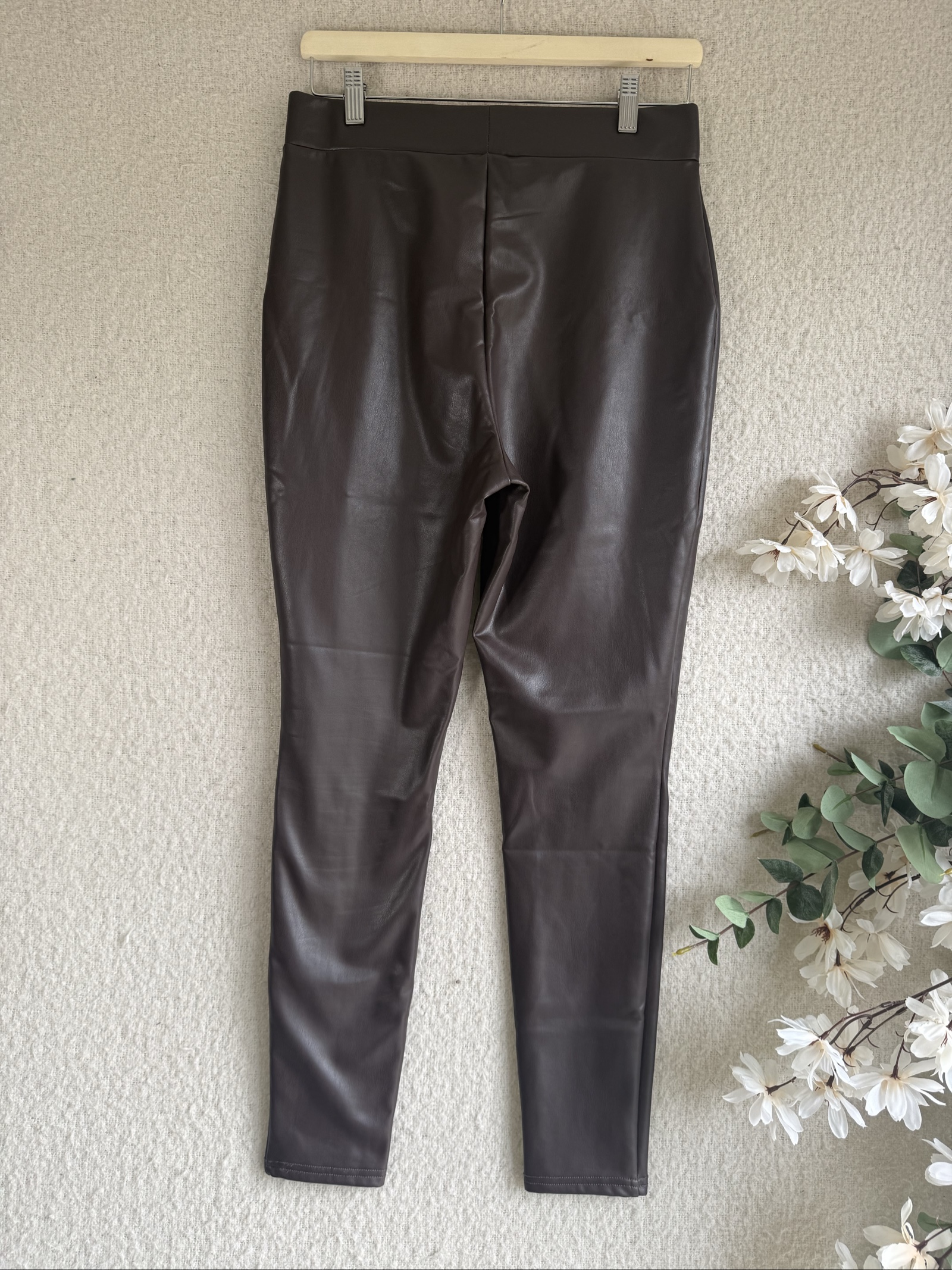 Papaya Dark Brown Faux Leather Leggings UK 12 Stretch High Waist image 4