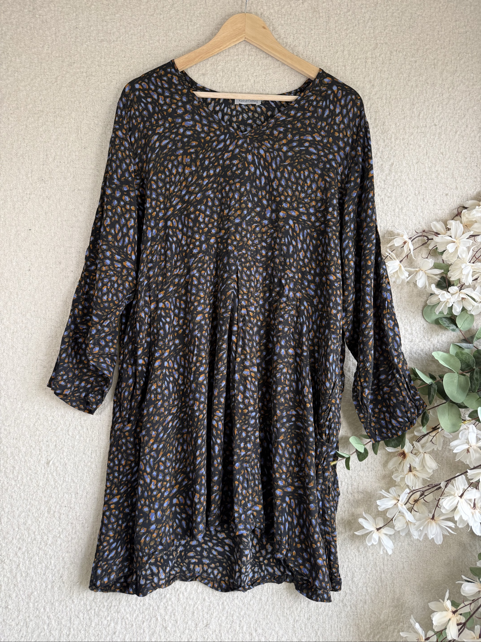 Kasban Clothing Black & Blue Patterned Long Sleeve Tunic Dress UK 20-22