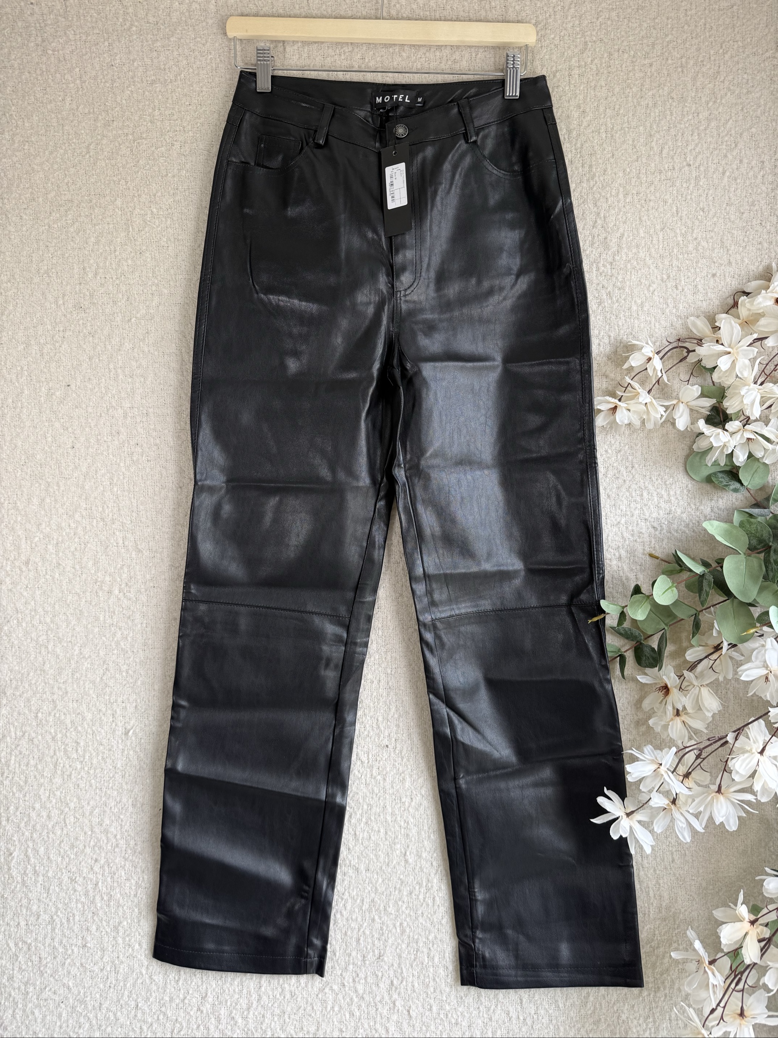 Motel Black Faux Leather Trousers Medium Stylish High Waist Pants UK M