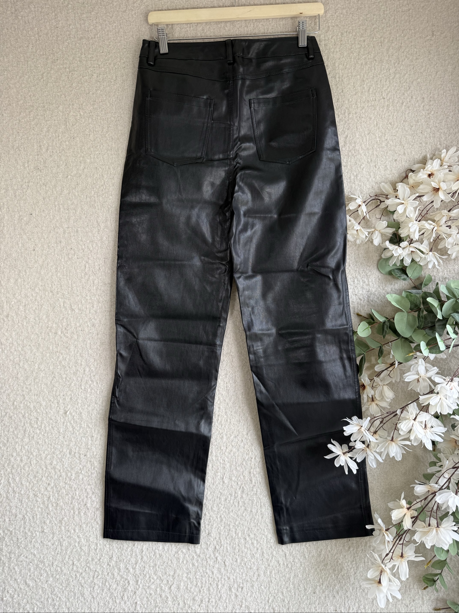 Motel Black Faux Leather Trousers Medium Stylish High Waist Pants UK M image 5