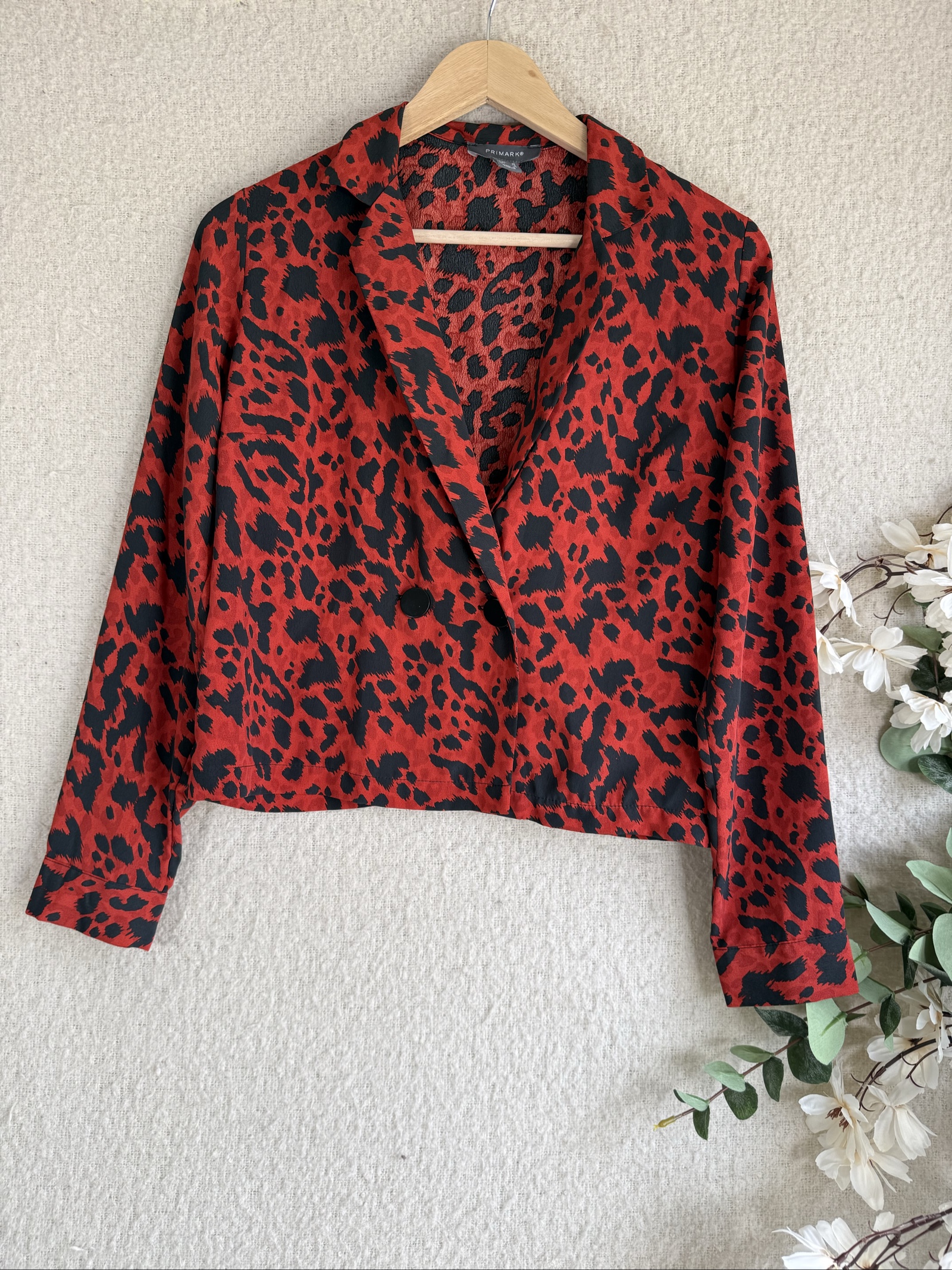 Primark Red & Black Animal Print Cropped Blazer UK 10 Stylish Statement Jacket