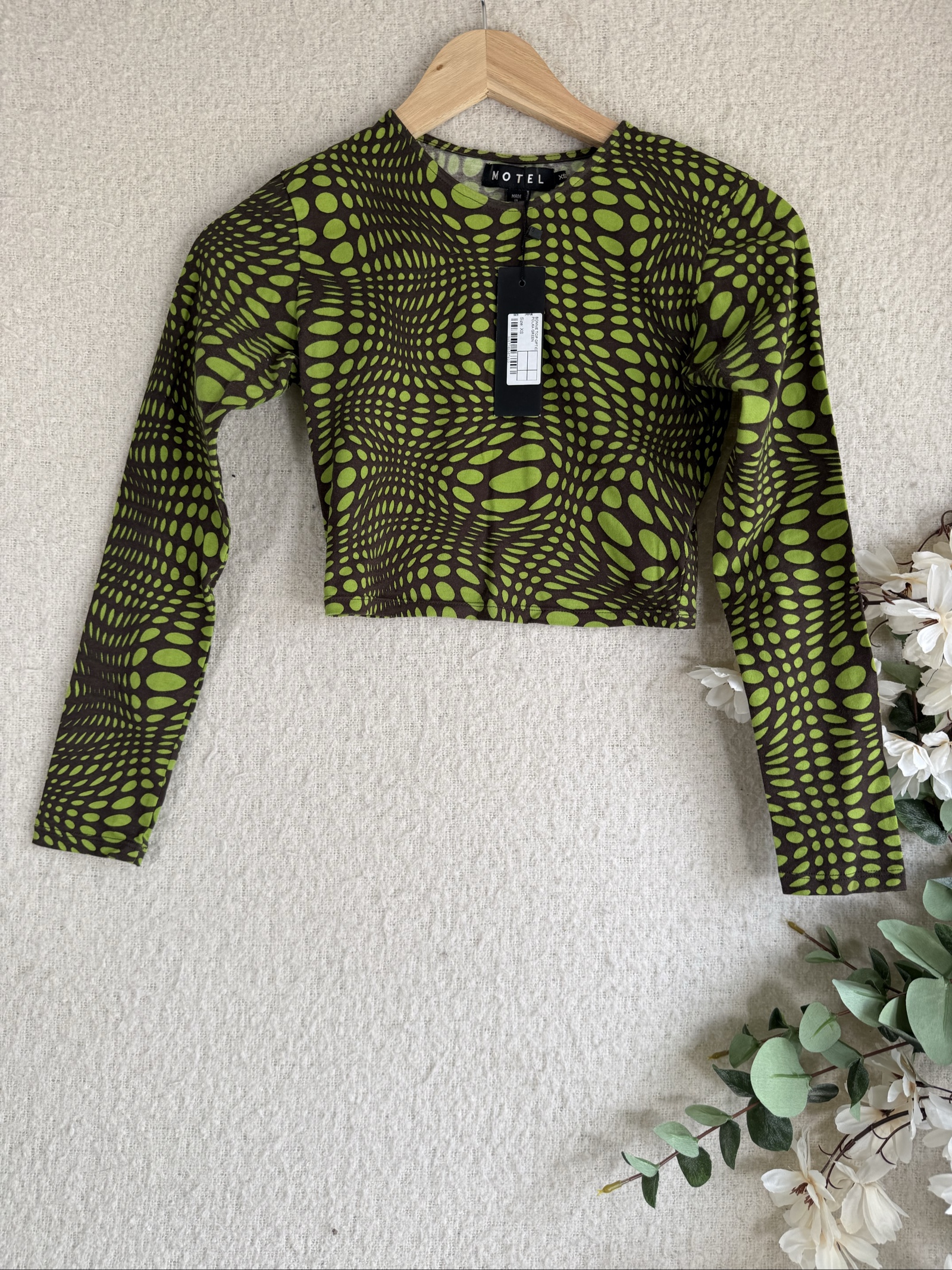 Motel Green & Brown Optical Print Crop Top XS Handmade Cotton Blend