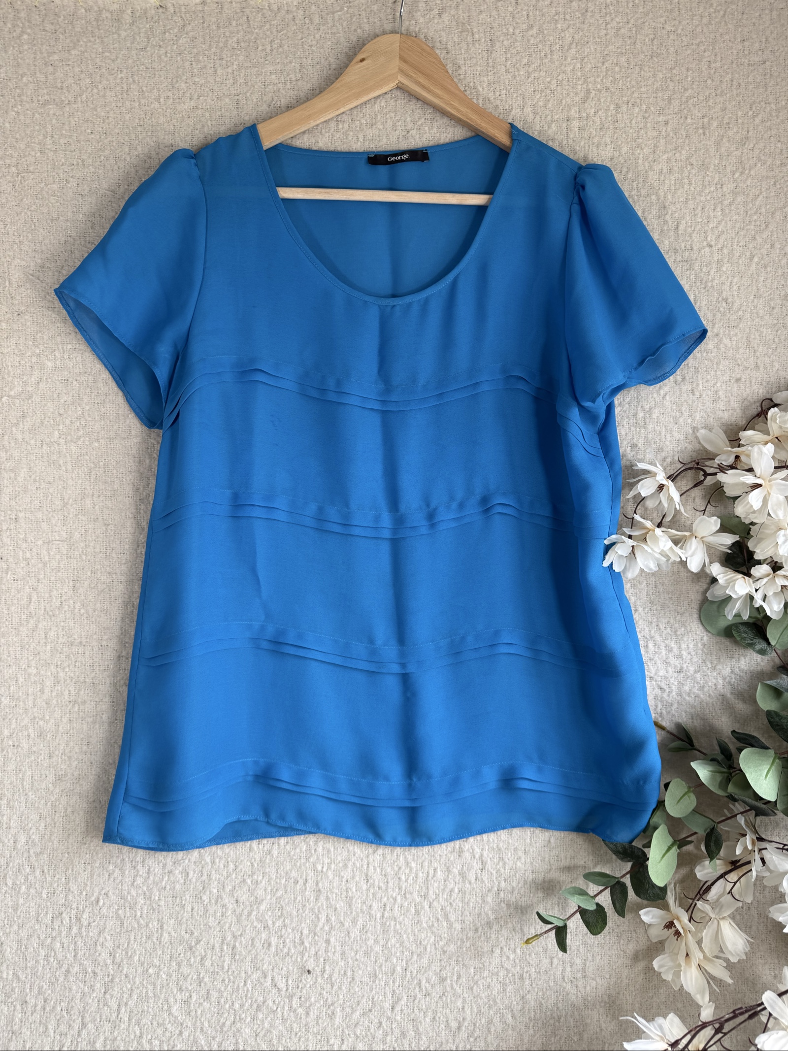George Blue Short Sleeve Blouse UK 16 Elegant Lightweight Layered Detail