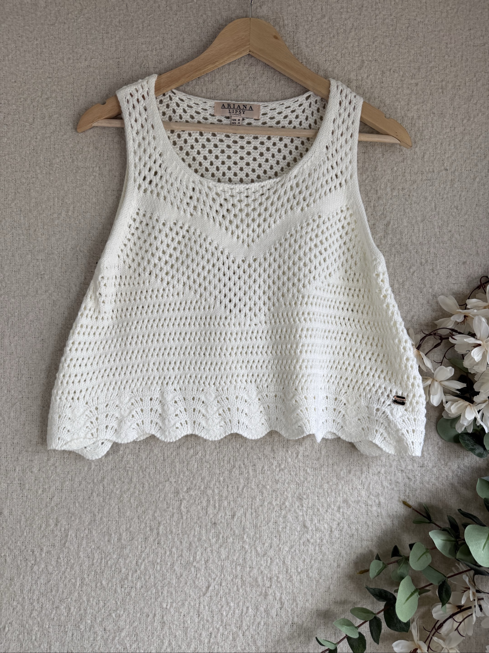Lipsy White Crochet Knit Tank Top UK 8 Lightweight Summer Layered