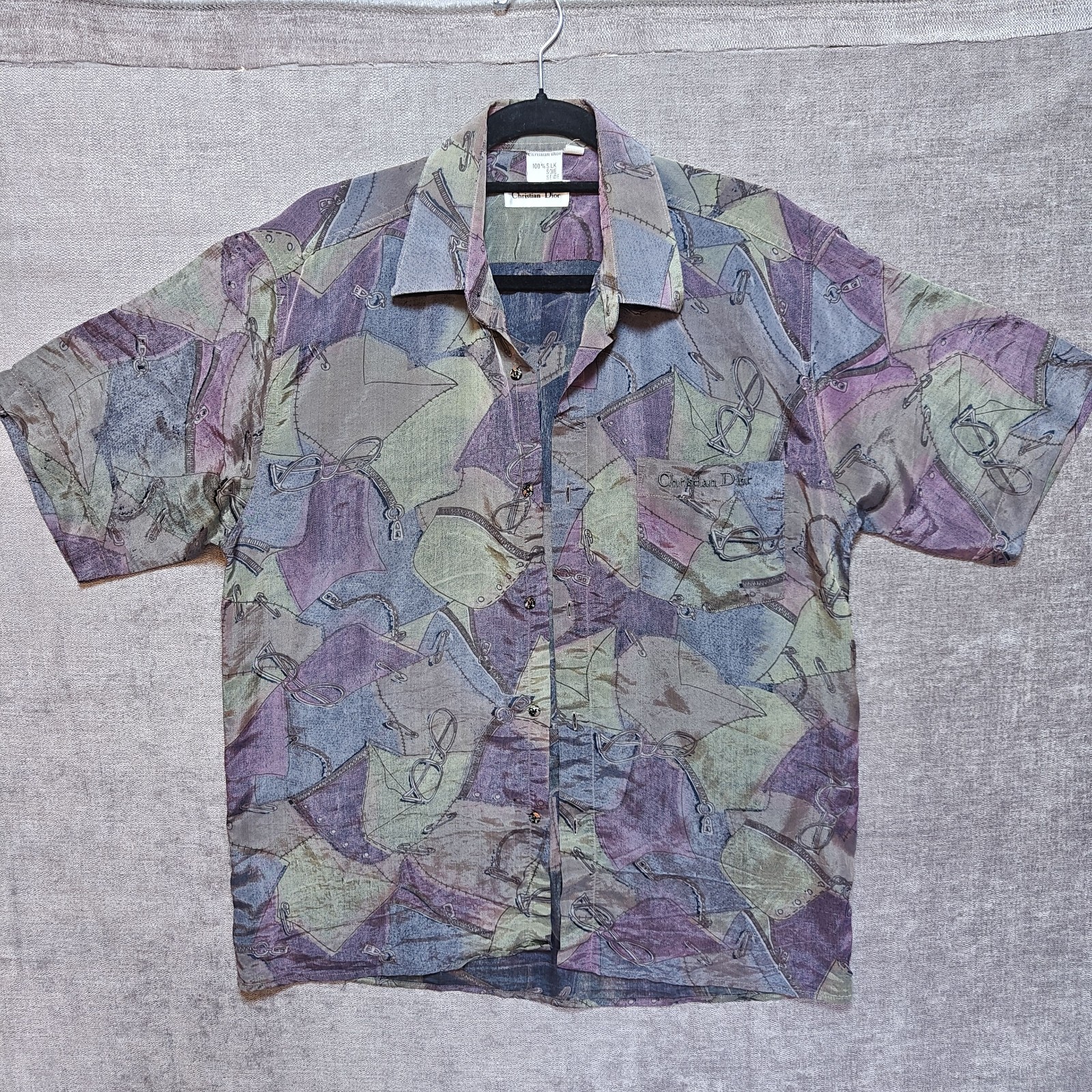Vintage Christian Dior 100% Silk Abstract Short Sleeve Button Down Shirt Mens M