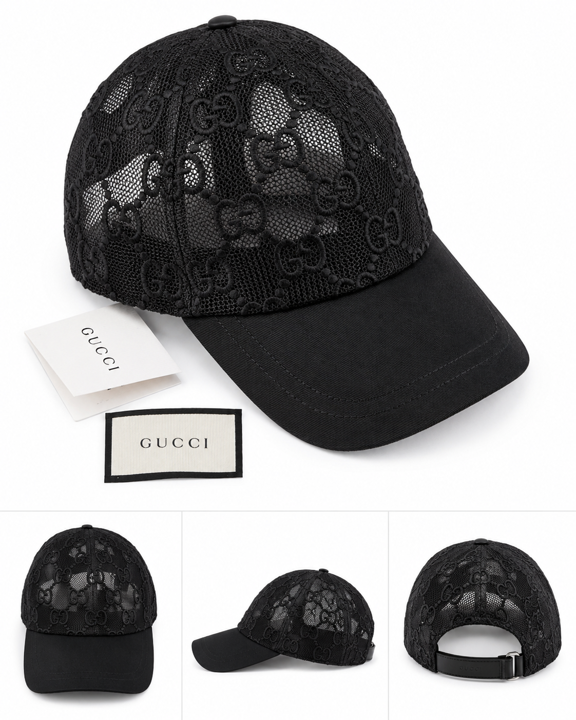Gucci Black Mesh Logo Lace Baseball Cap -S