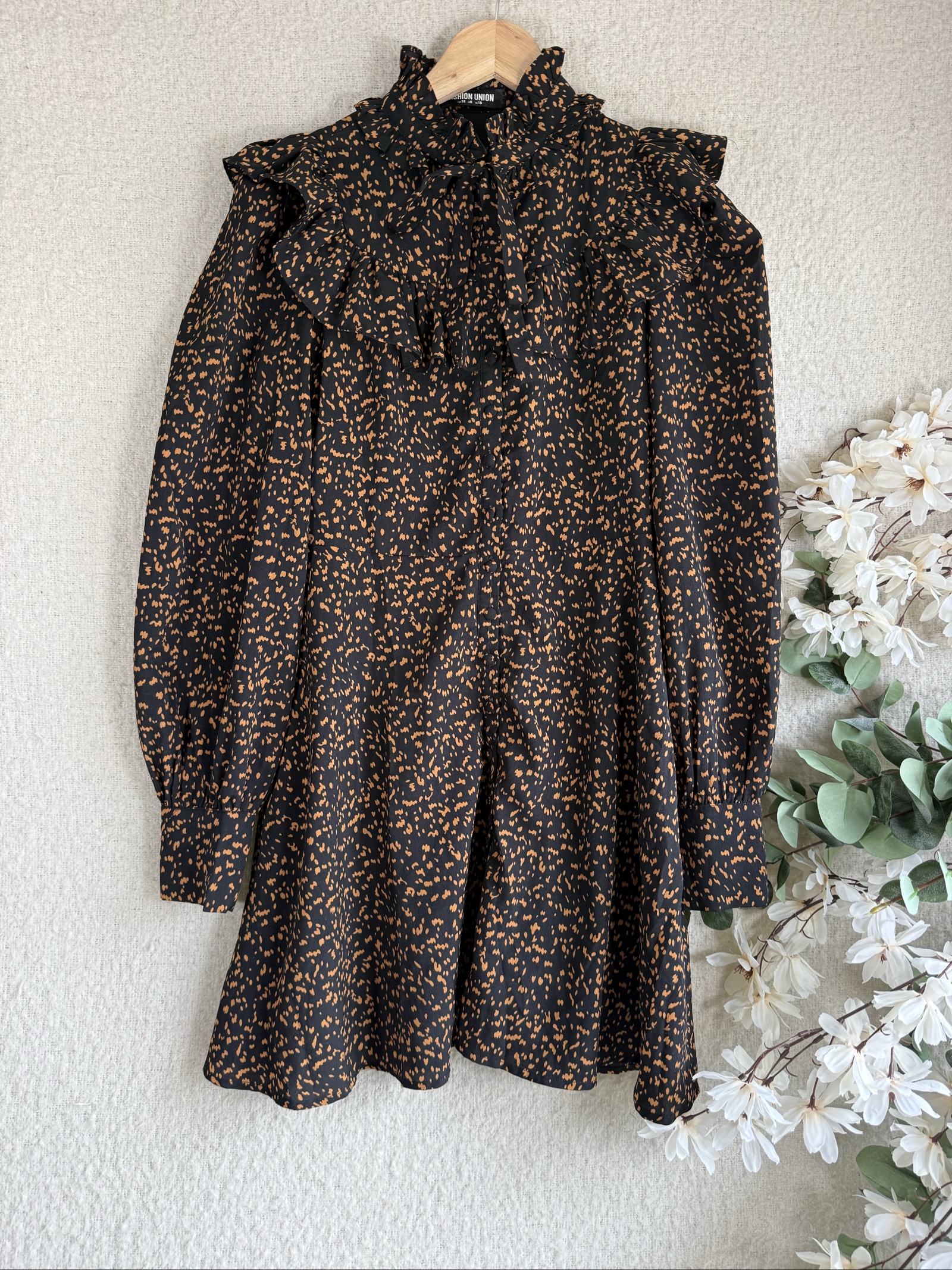 Fashion Union Black & Brown Ruffle Detail Long Sleeve Dress UK 10 Stylish